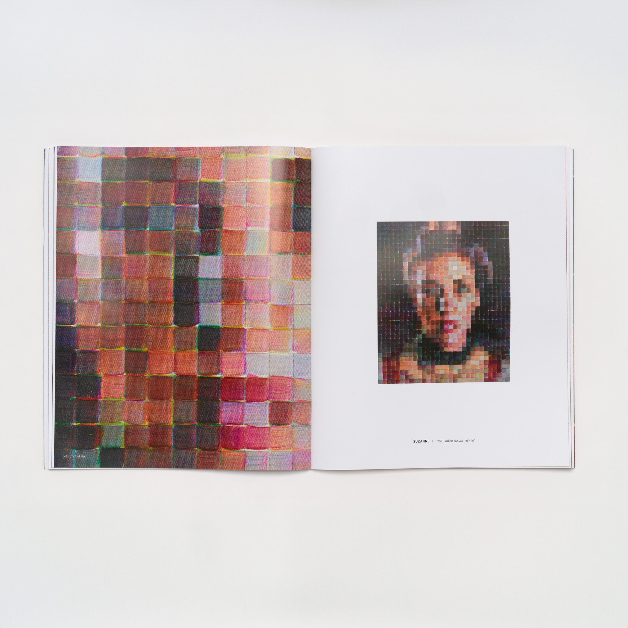 The book is open to two pages. The right side has an image of a Chuck Close portrait of a woman titled "Suzanne II." The left page has a close up image of this portrait.