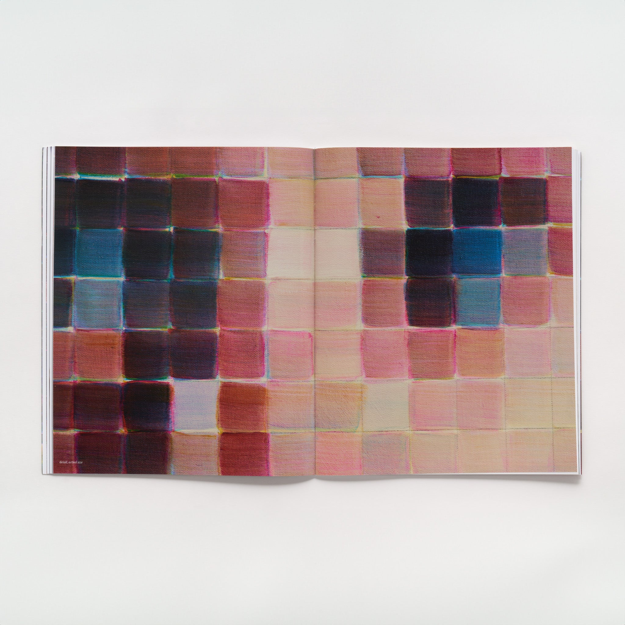 The book is open to two pages and there is a close up image of a Chuck Close portrait across both. They are squares in tones of blue, beige, and red.