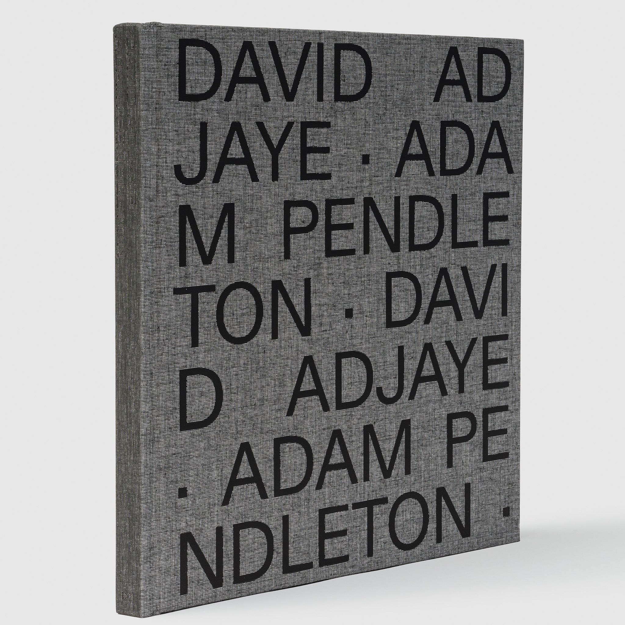 The book is standing up right and has a grey fabric cover and black test that reads David Adjaye Adam Pendleton David Adjaye Adam Pendleton David Adjaye Adam Pendleton.