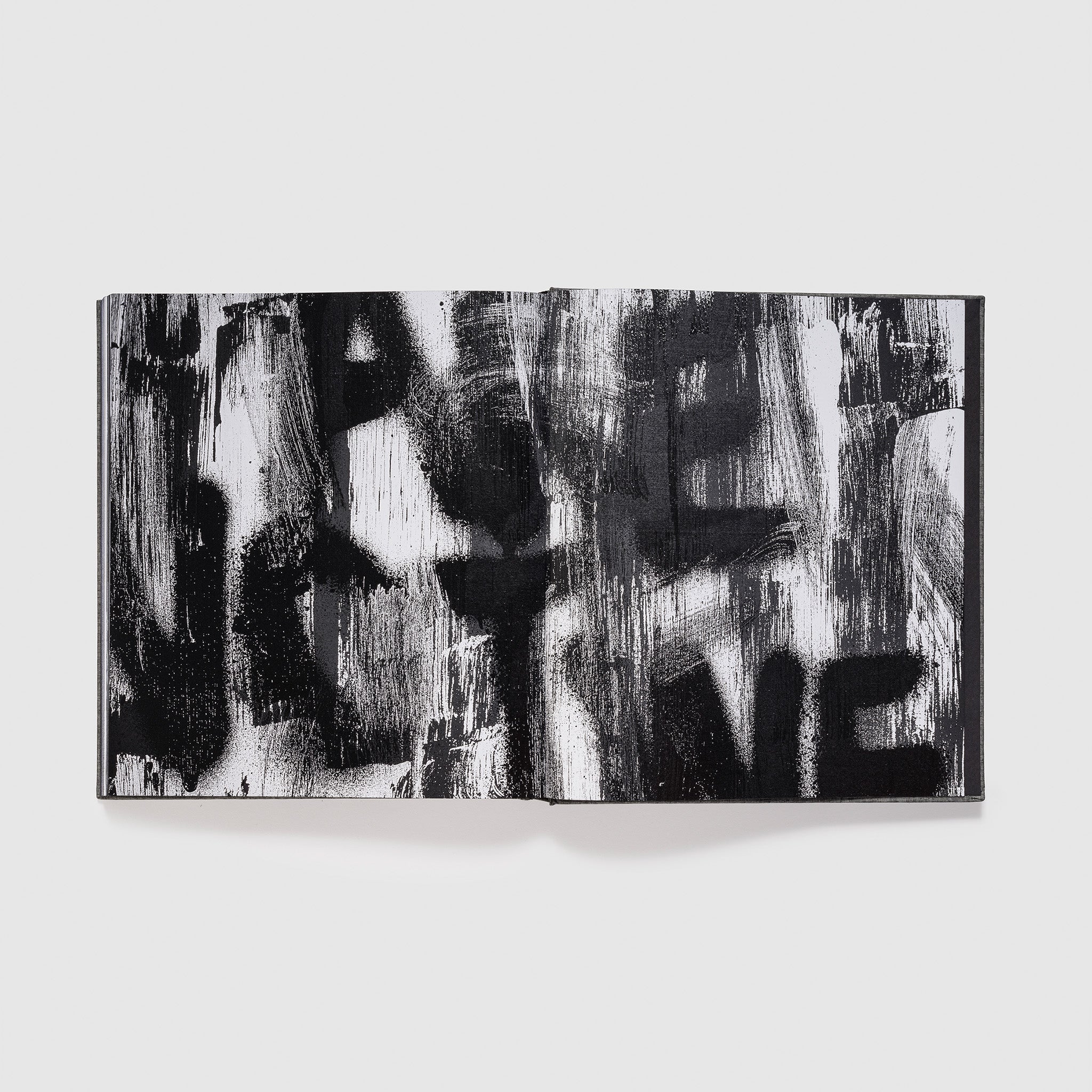 The book is open to two pages with a black and white Adam Pendleton work across both.