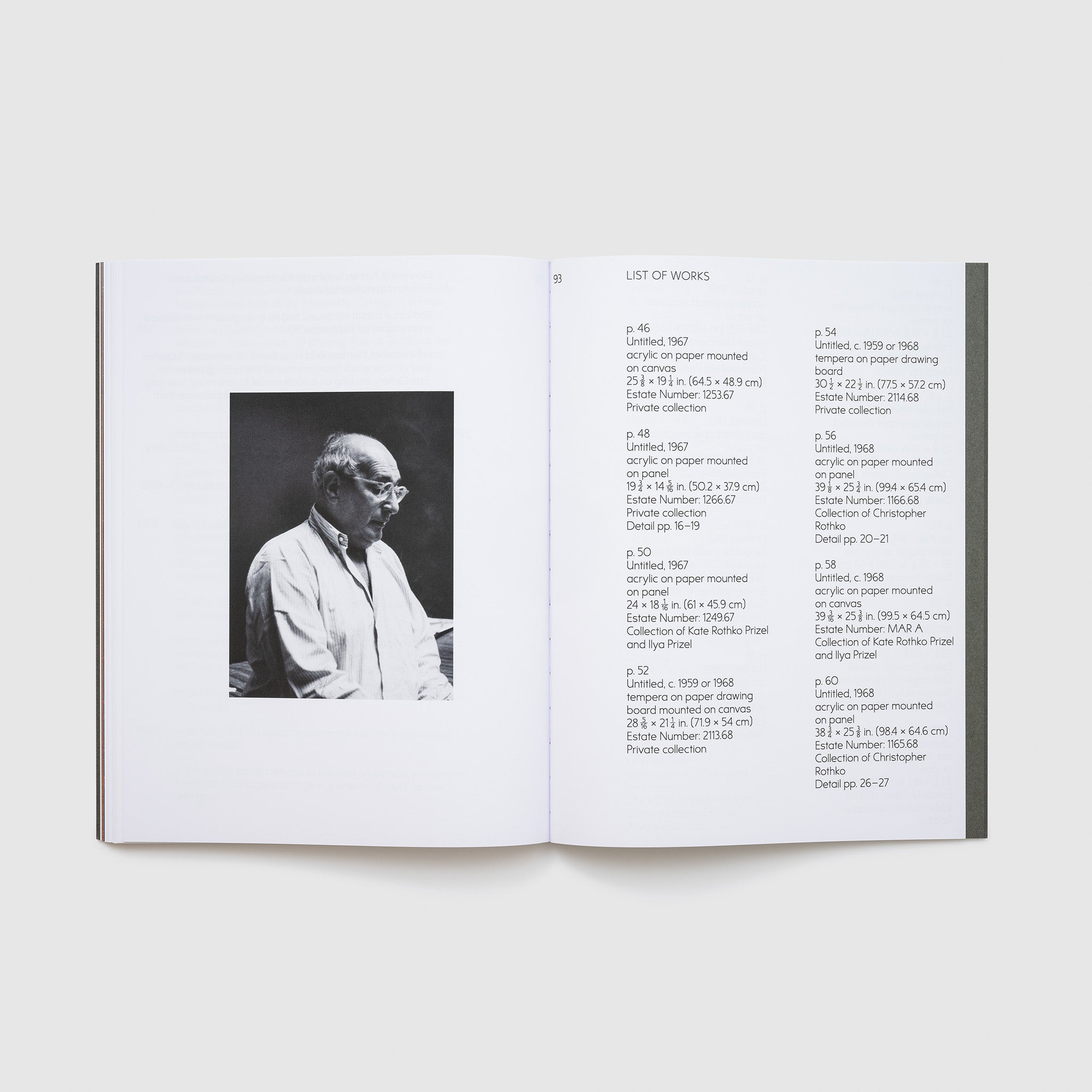The book is open to two pages. The left page has a black and white photo of Mark Rothko and the right page has a List of Works in the book.