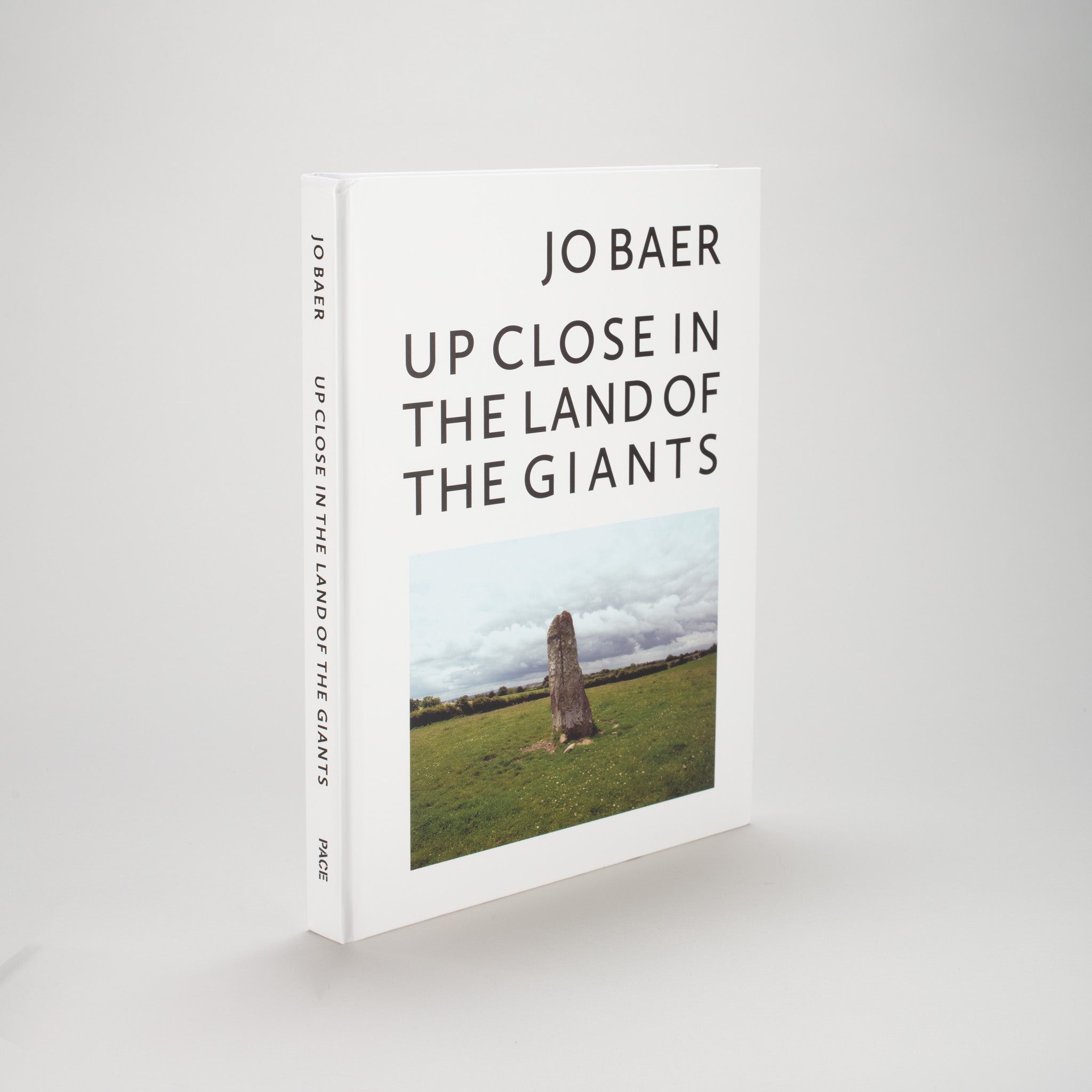 Jo Baer Up Close in the Land of Giants. The book has a white cover, black text, and an image of the artists work in a field.