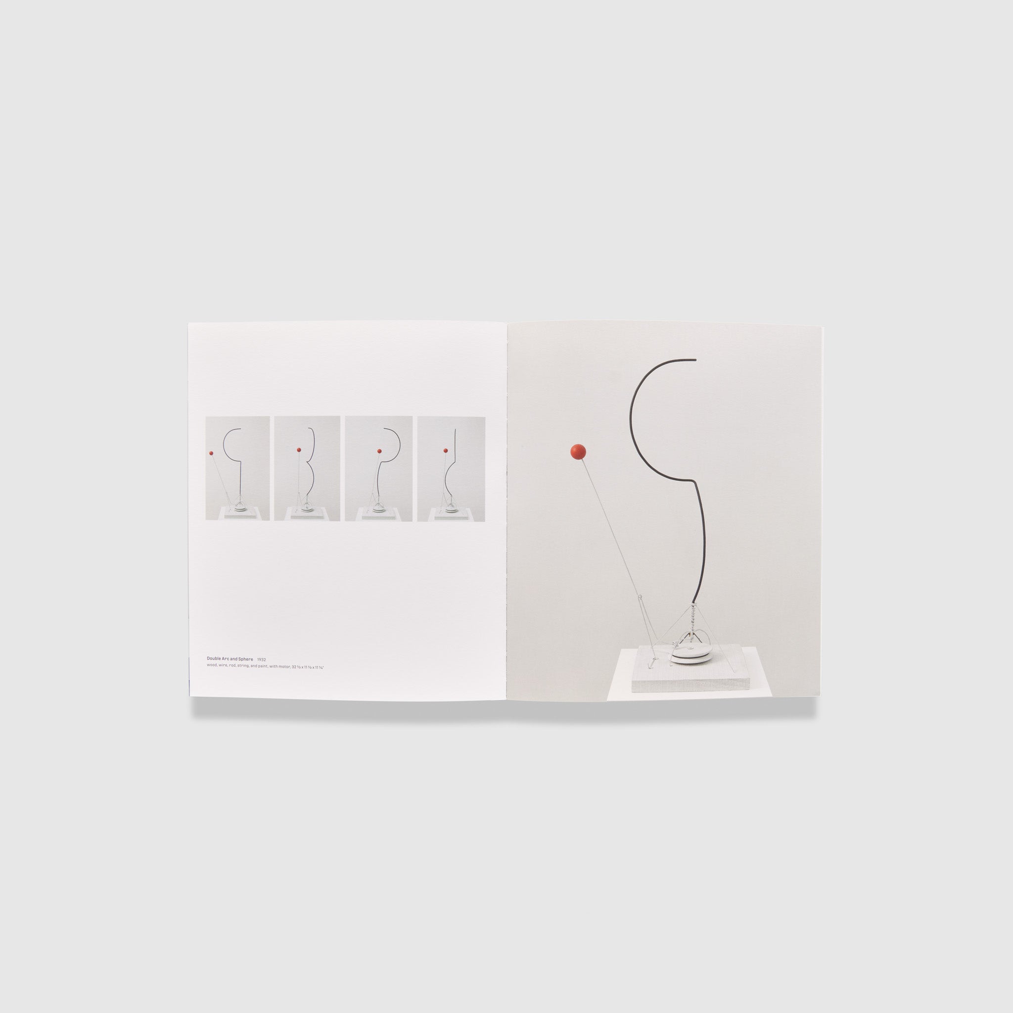 The book is open to two pages with a series of sculptures on the left page with a large image of the same series on the right.