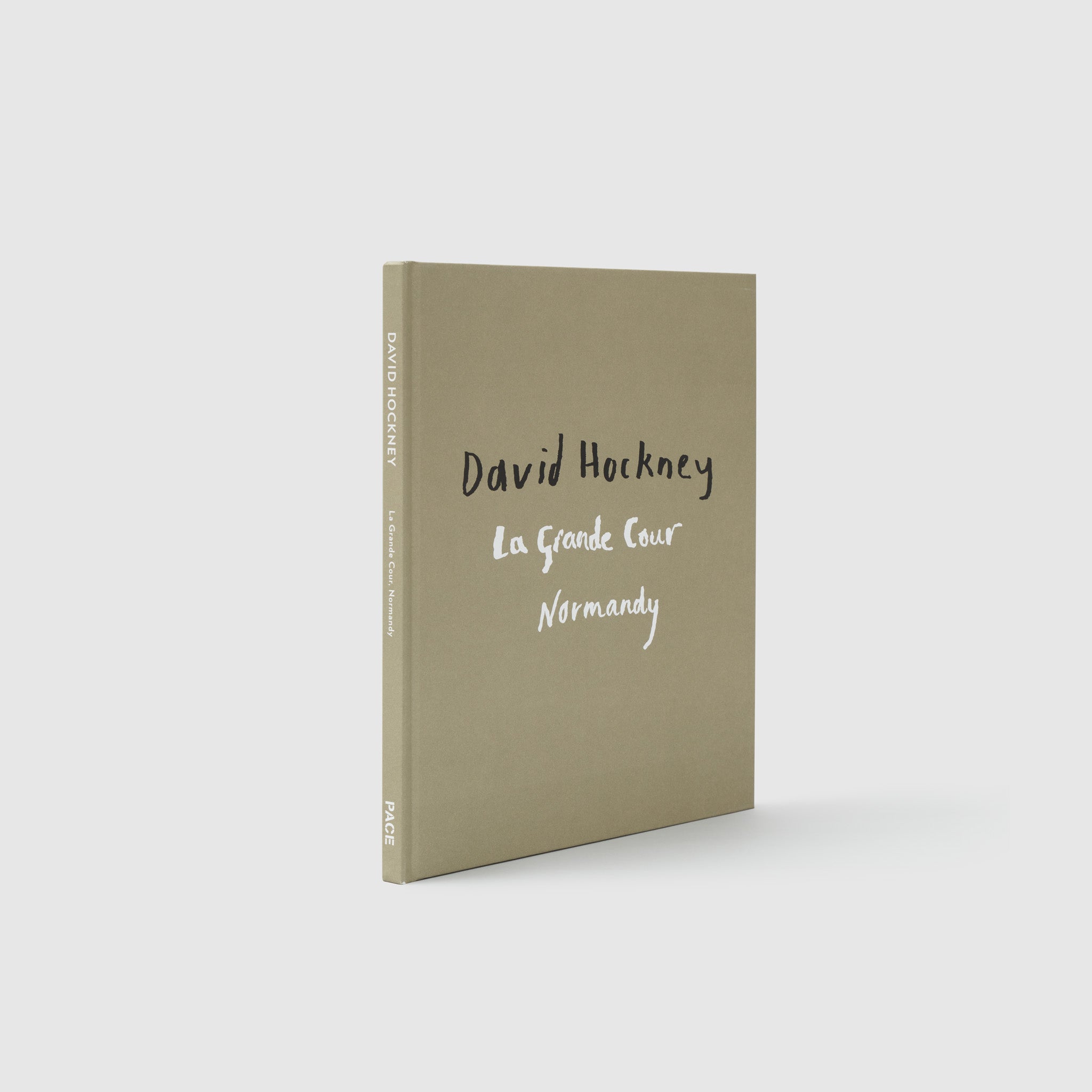 David Hockney La Grande Cour Normandy. The book has an olive toned color with black and white text.