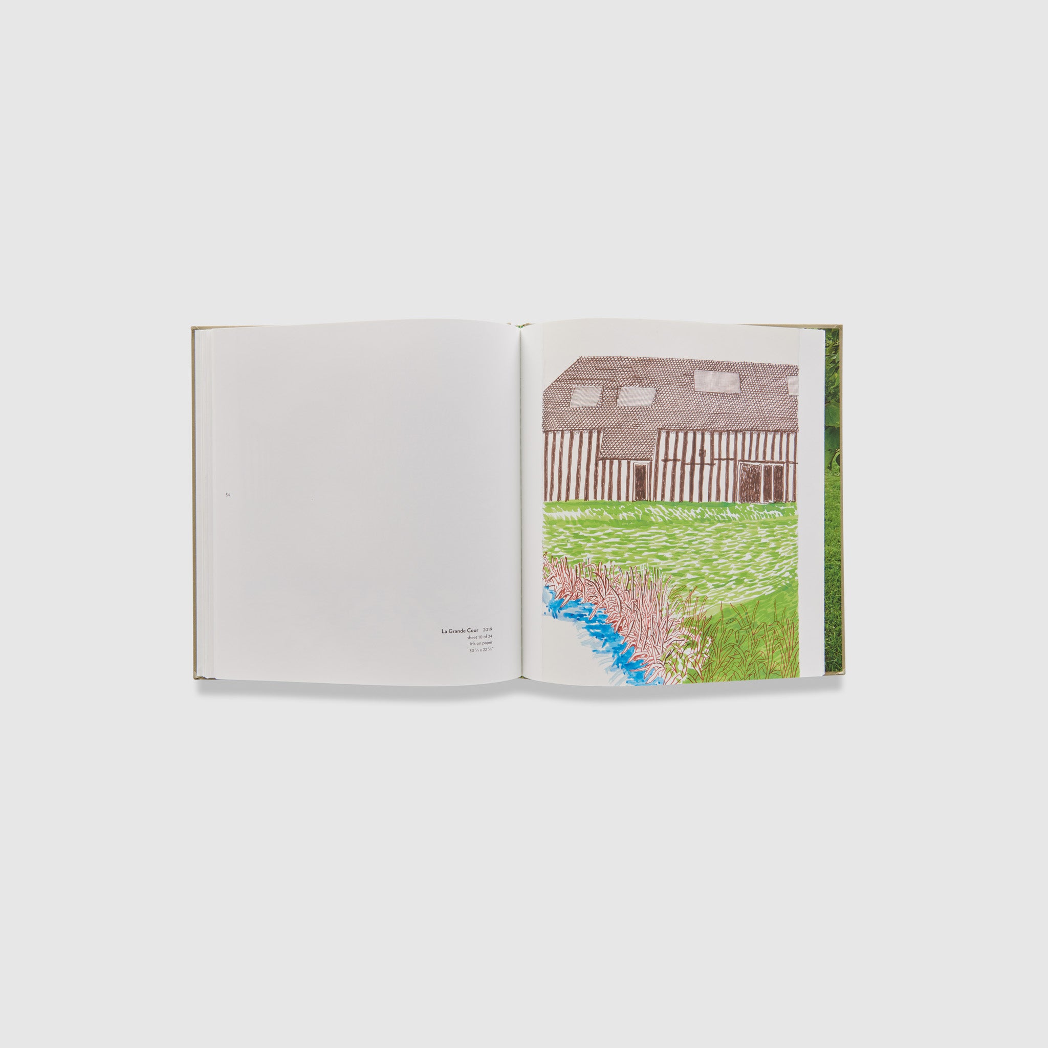 The book is open to two pages with an iPad drawing of a house on the right page and the description of the work in black text on the left page.