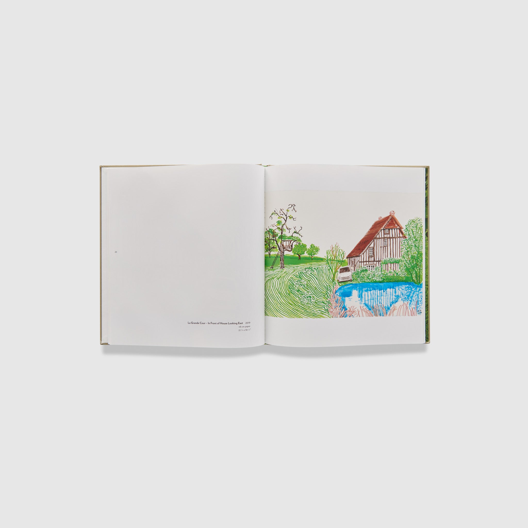The book is open to two pages with an iPad drawing of a house on the right page and the description of the work in black text on the left page.