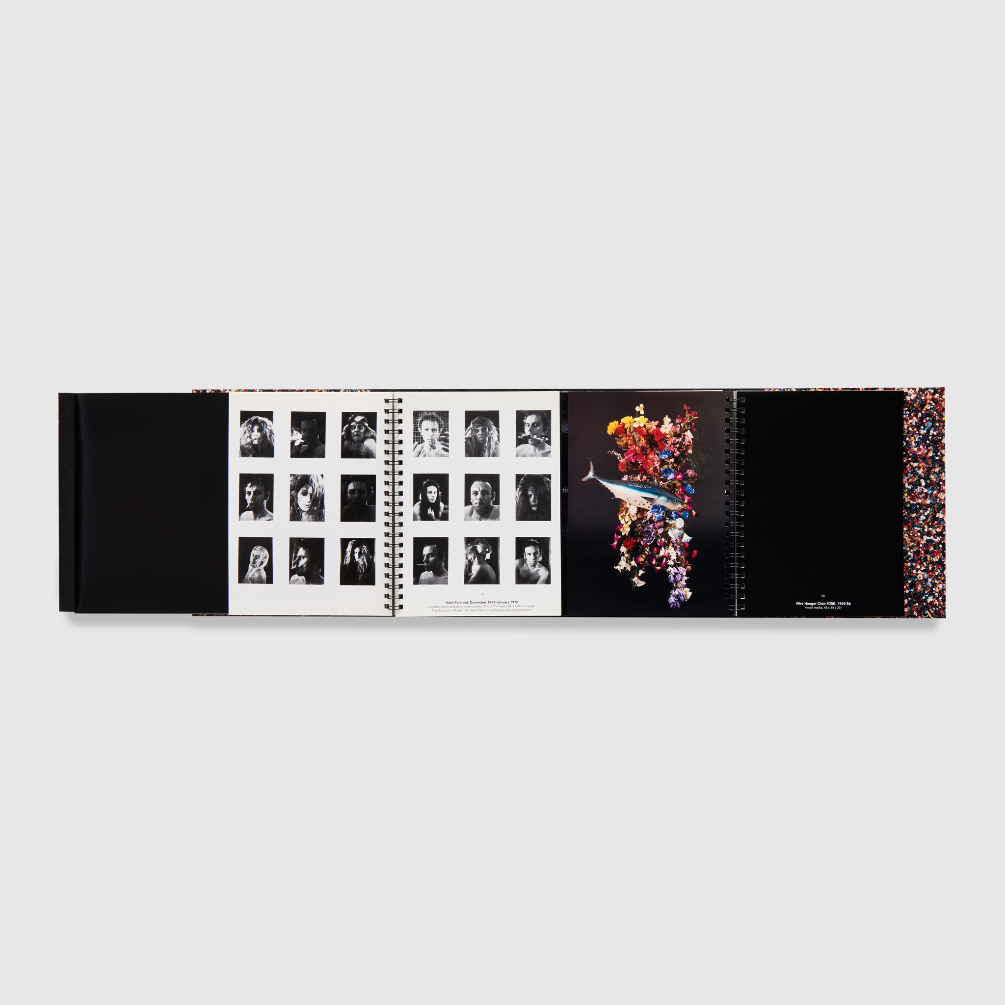 The book is open with an image of a colorful Samaras work across the pages and foldouts.