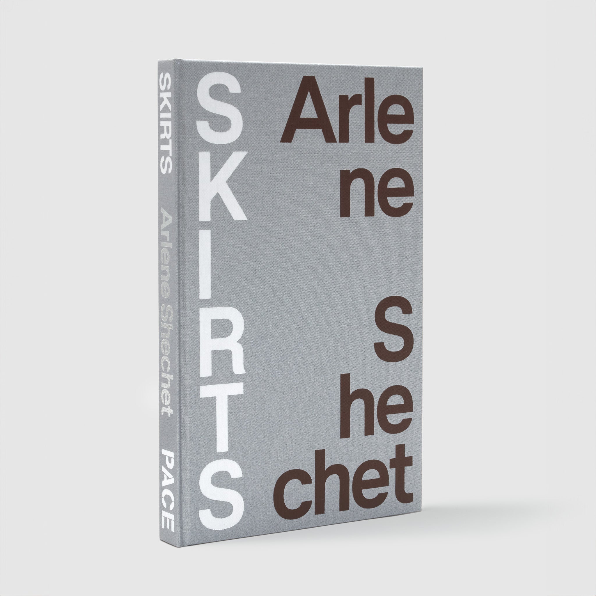 Arlene Shechet Skirts. The book is standing upright and has a silver cloth cover with black and white text.