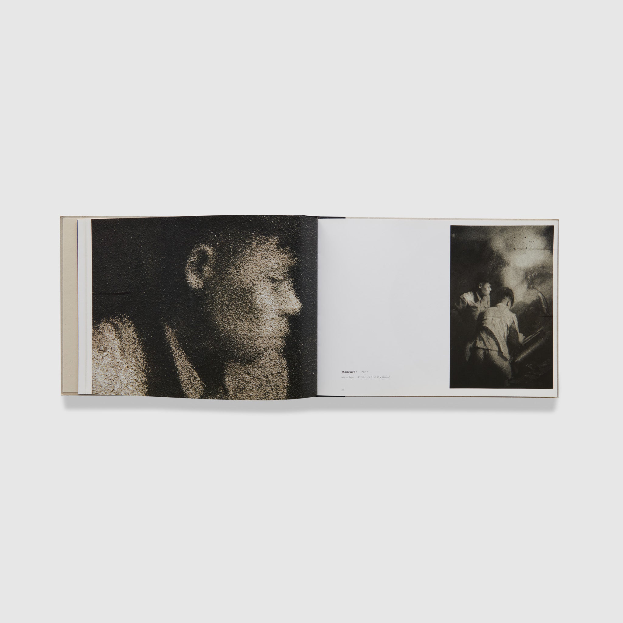 The book is open to two pages. The right page has an image of a work by Zhang Huan and the left page has a detail shot of the same work.