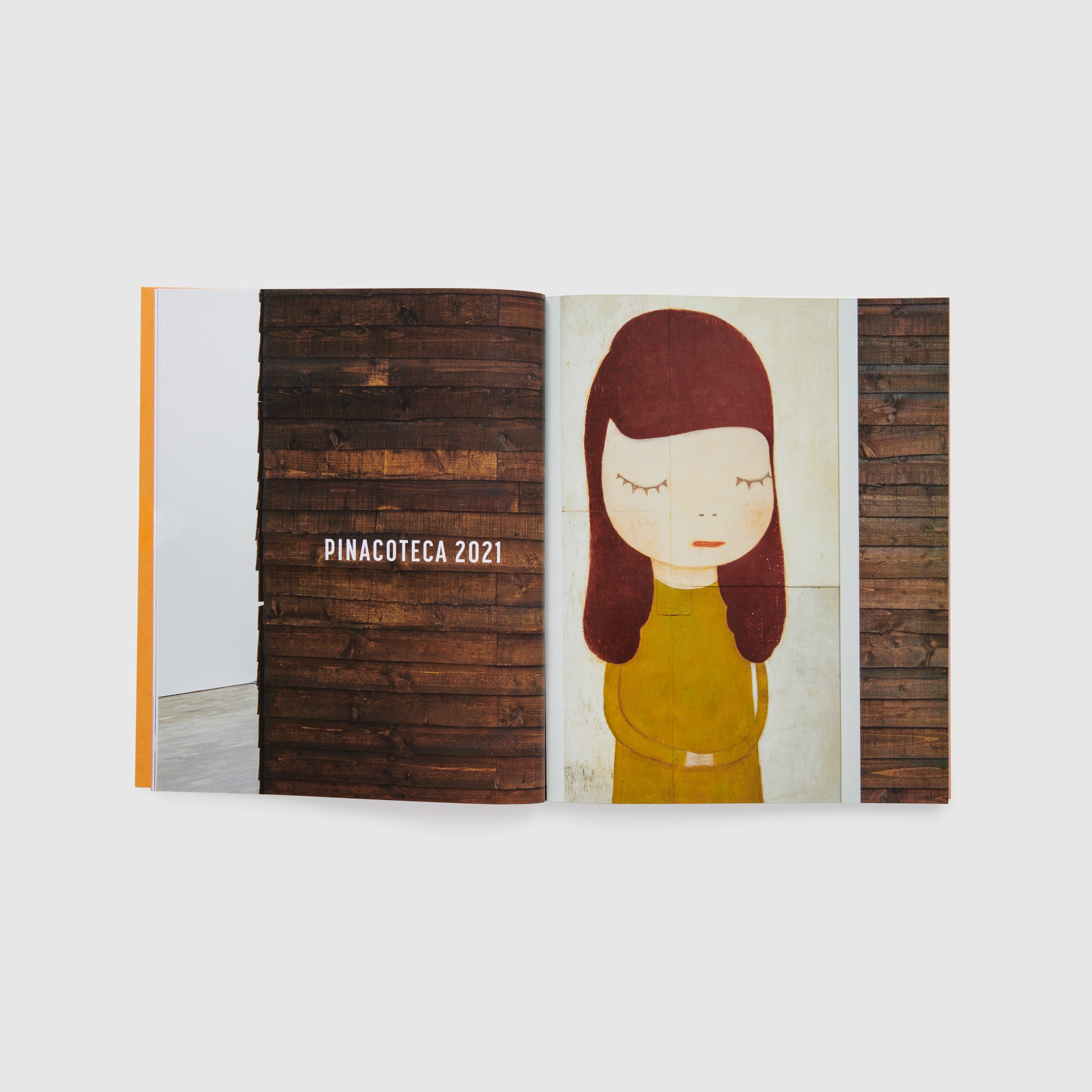 The book is open to two pages. There is an image of a Nara work across both with the title of the book in white font on the left page.