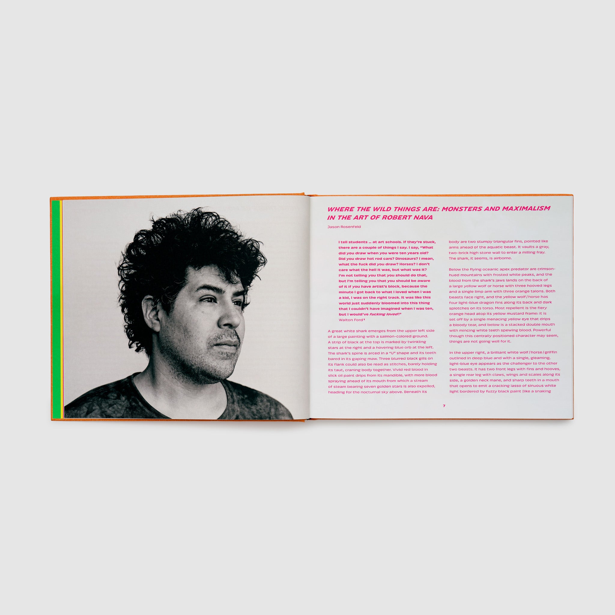 The book is open to two pages. The left page has a black and white photograph of the artist and the right page has an essay about the artist. The font is pink.