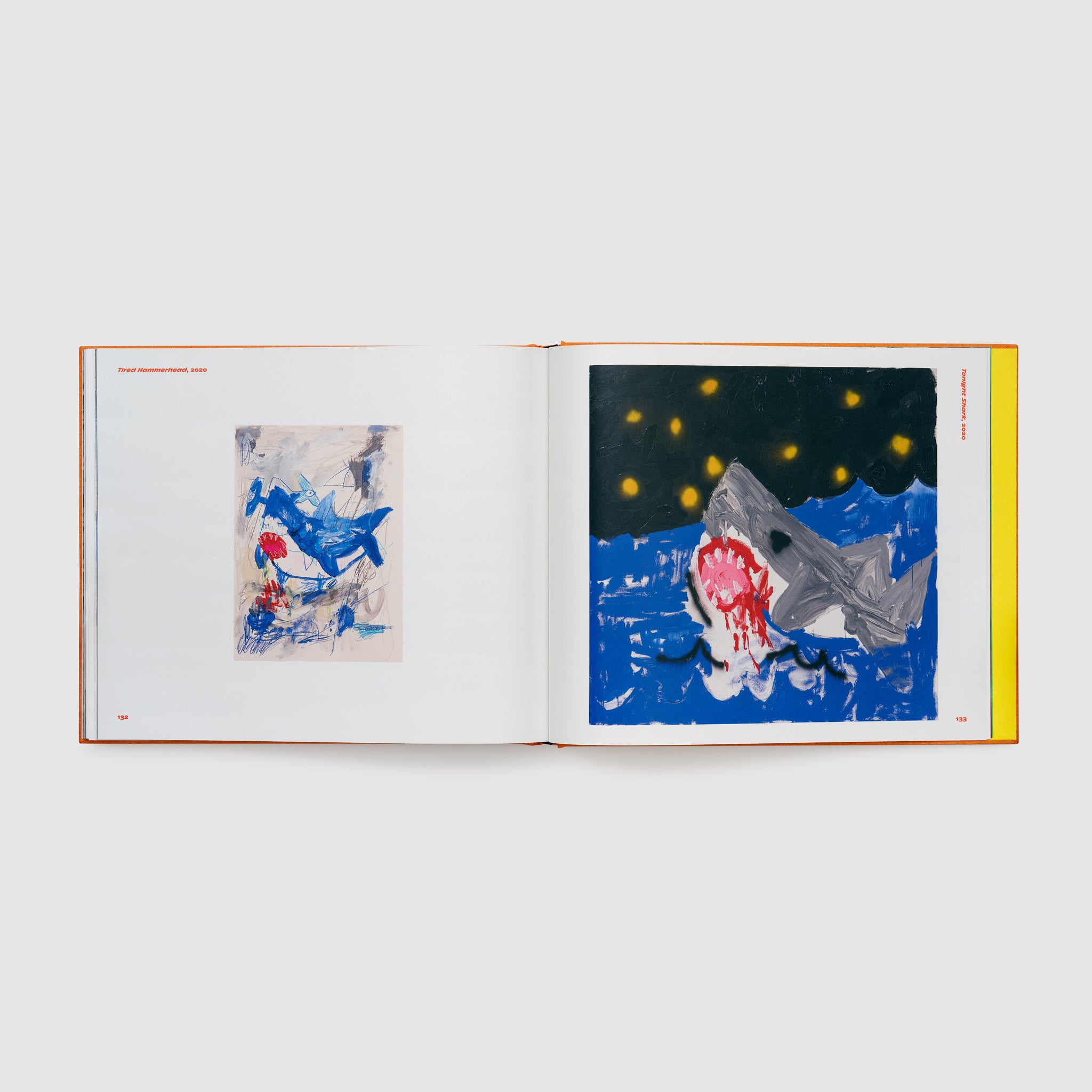The book is open to two pages. Each page has an image of the artist&