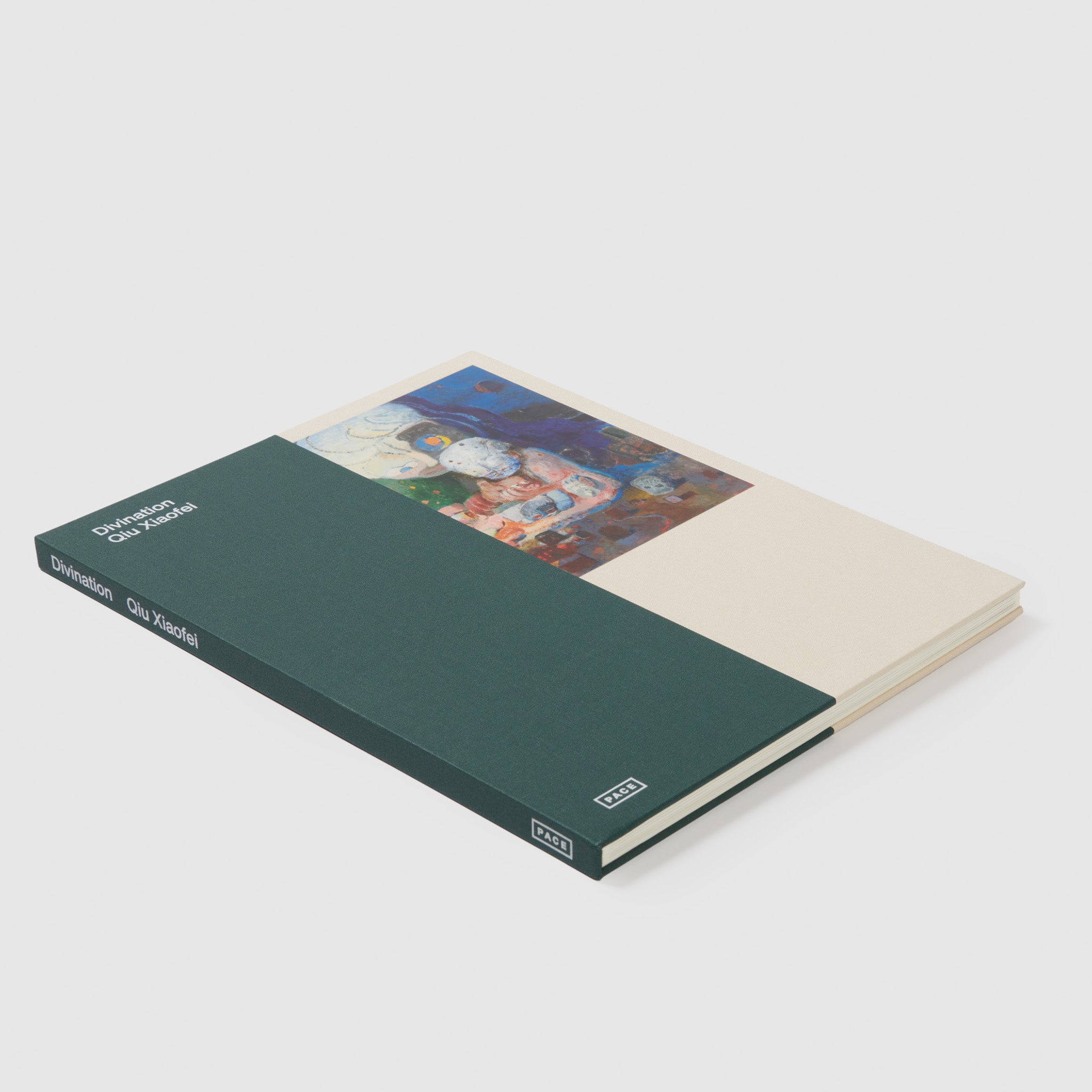 Divination Qiu Xiaofei. The cover has a green fabric panel and an image of the artists work.