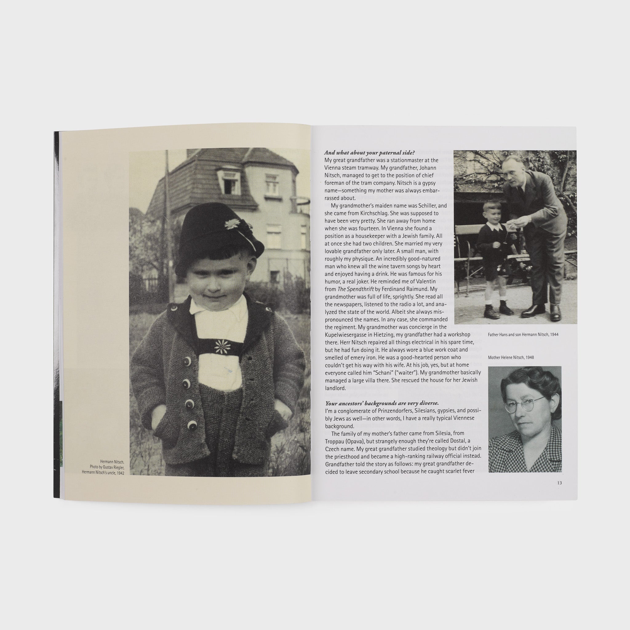 The book is open to two pages. There is an interview on the right page with the artist and black and white photos from the artists youth across both.
