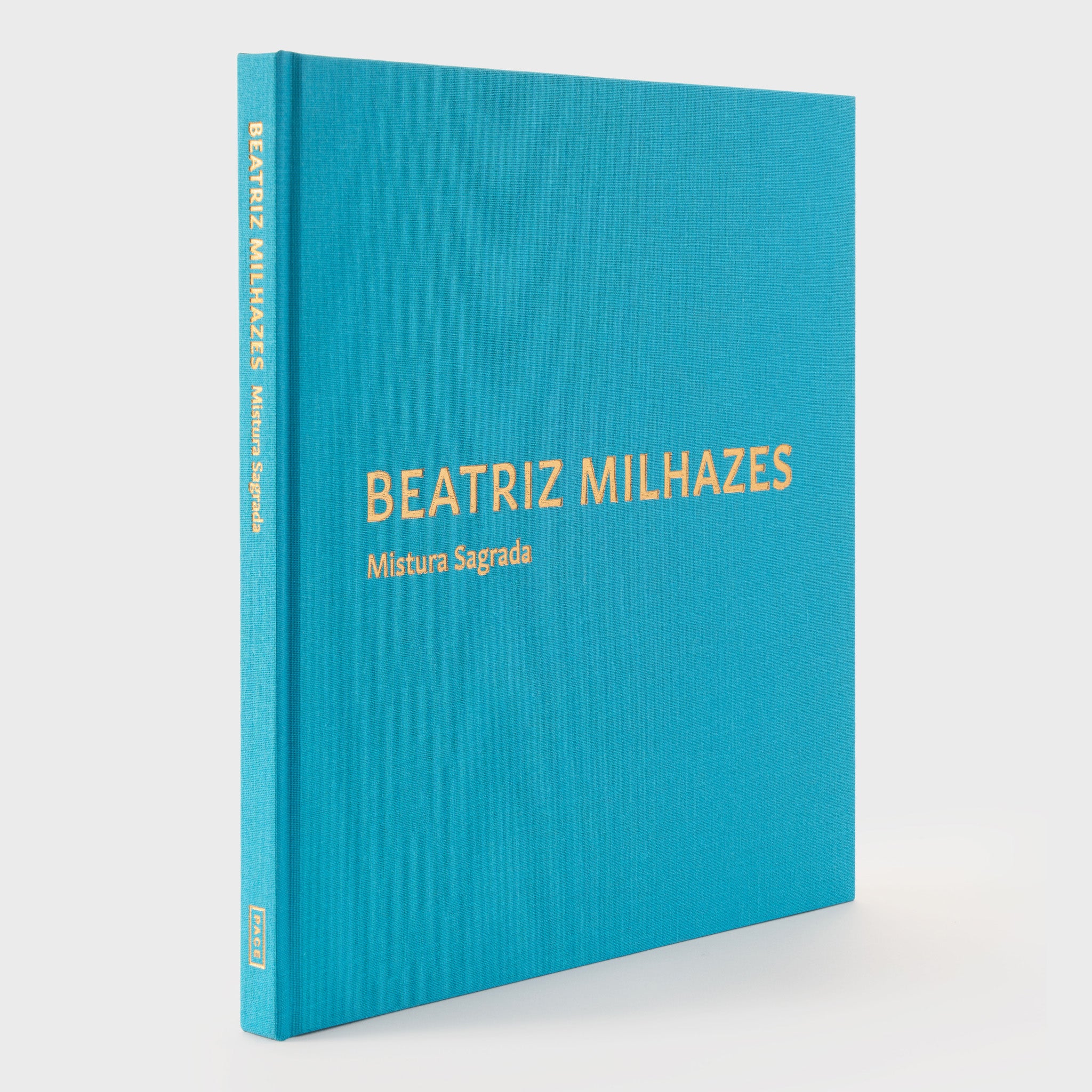 Beatriz Milhazes Mistura Sagrada. The book is standing upright and has a bright blue cover and gold font.