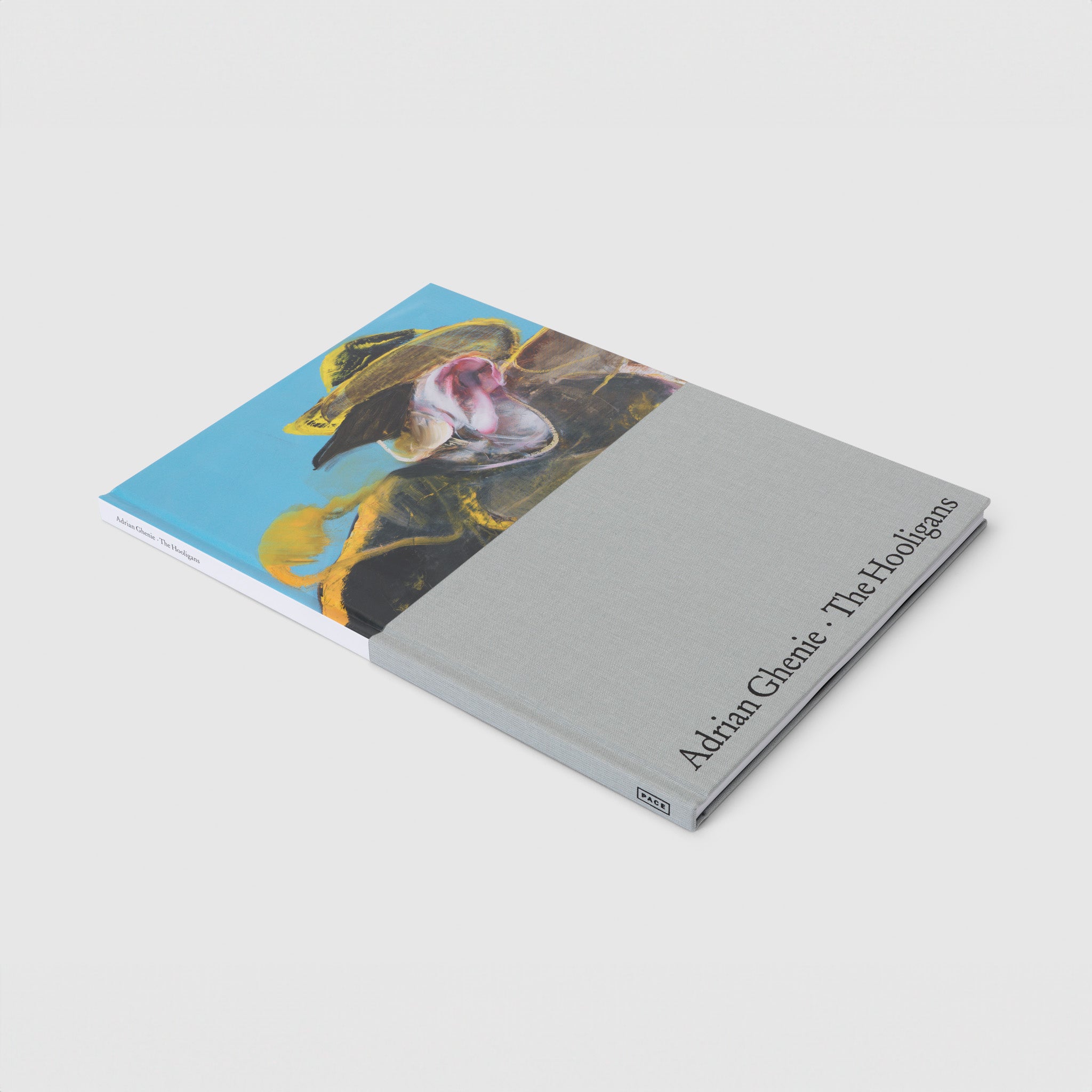 Adrian Ghenie The Hoolidans by Apsara DiQuinzio, Masha Tupitsyn. The book is at a flat angle and has the artists blue, yellow, and black painting at the top with grey cloth and black text on the bottom.