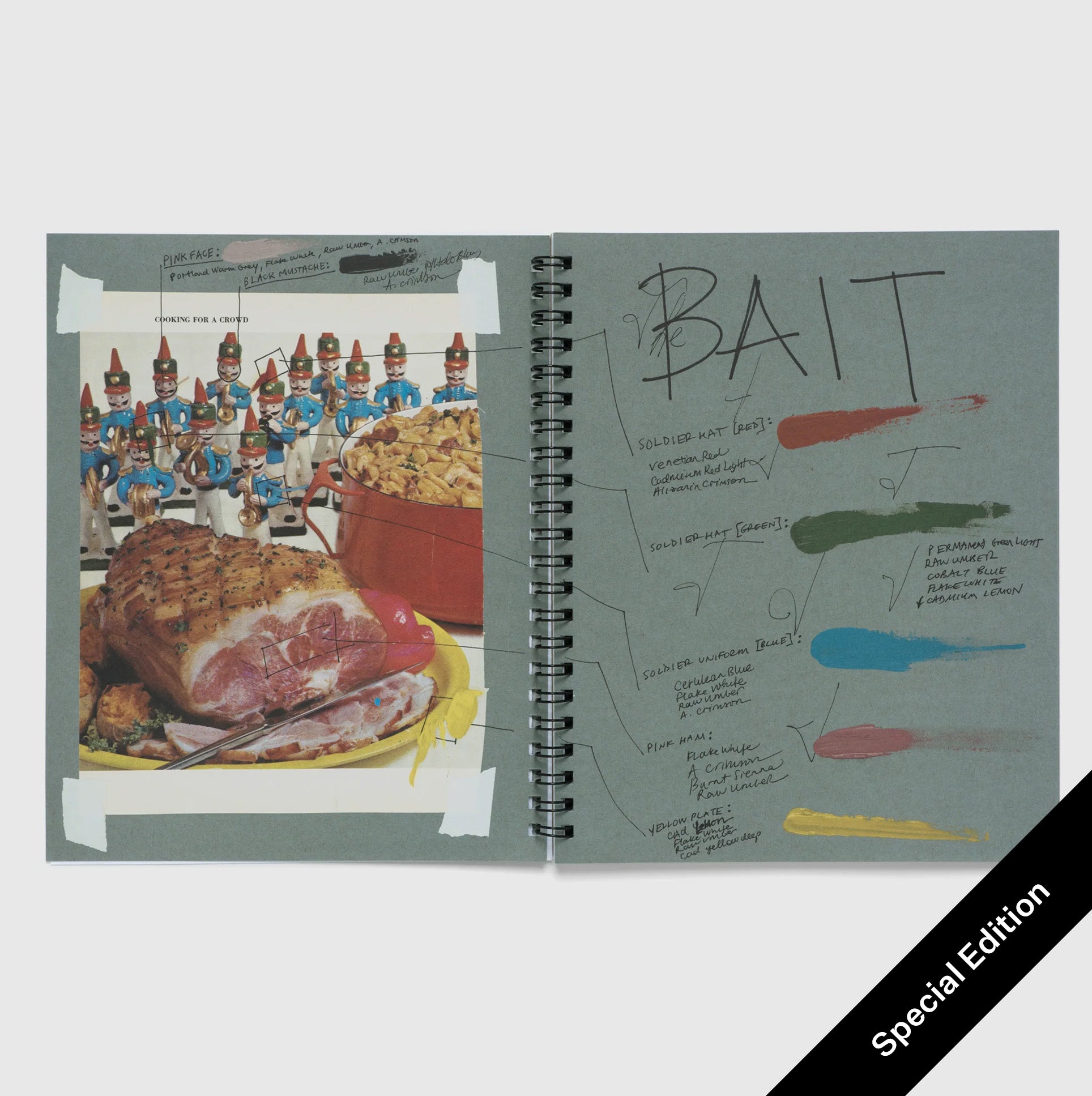 The book is open to two pages, the background of both is a greyish green color. The pages look like the artists notebook with handwritten notes and doodles.