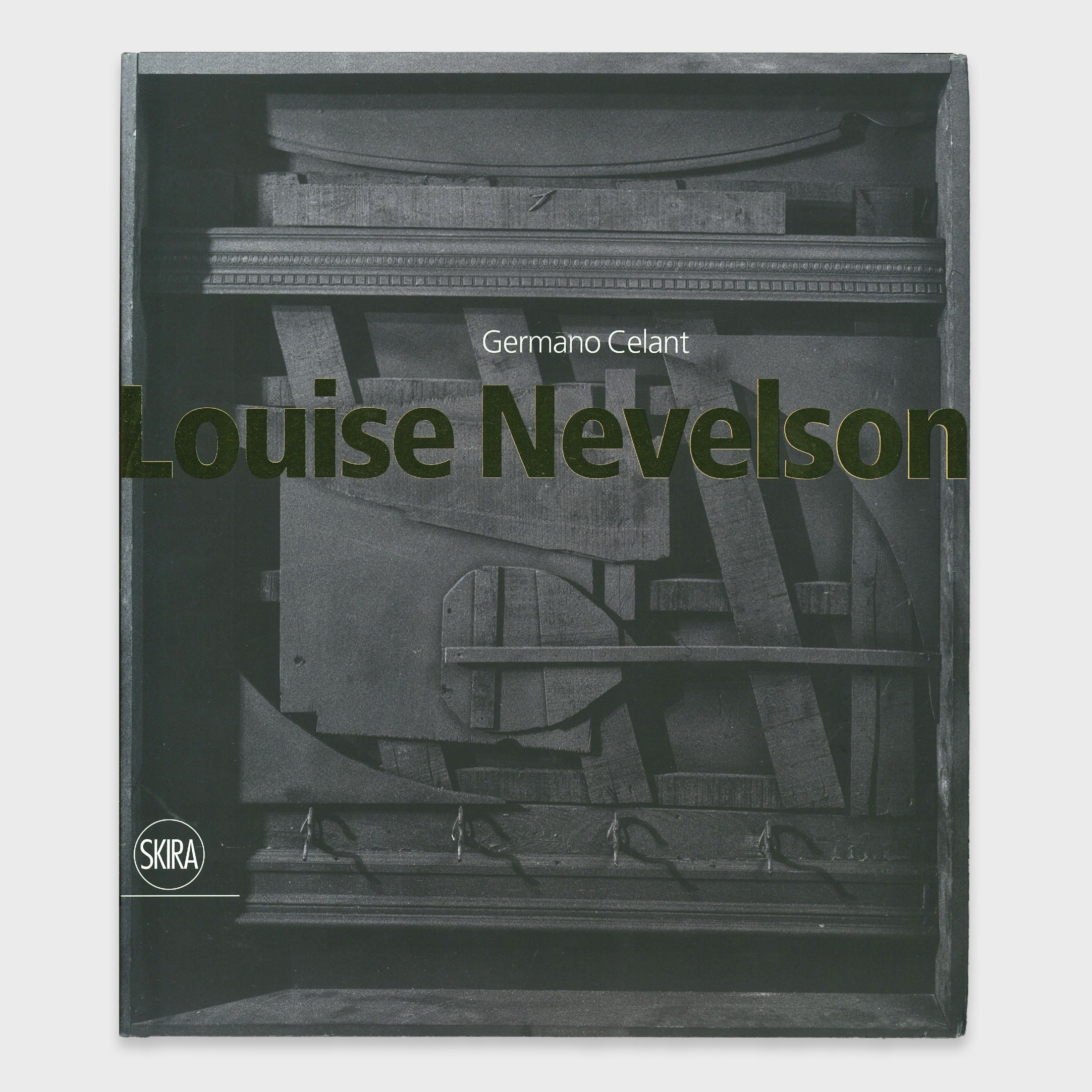 Book cover with the title Louise Nevelson, written in gold text. The background of the cover is a black Louise Nevelson work.
