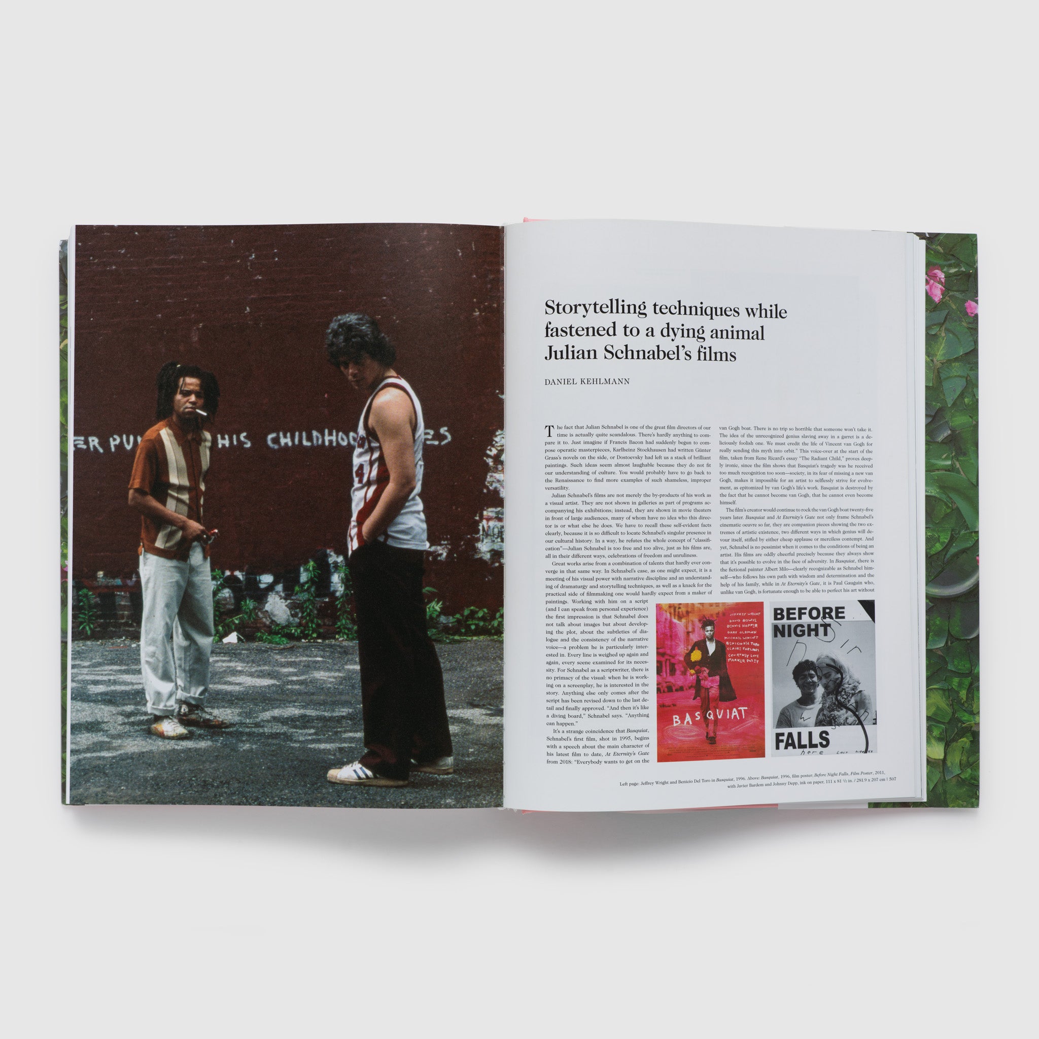 The book is open to two pages with an image of the artist on the left page and an essay on the right page.