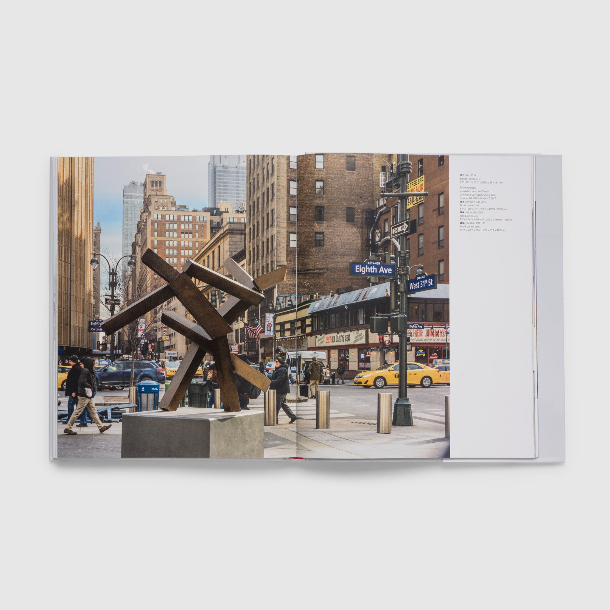 The book is open to two pages with an installation view of a Shapiro work in New York City across. There is a description of the work in black text on the far right side of the pages.