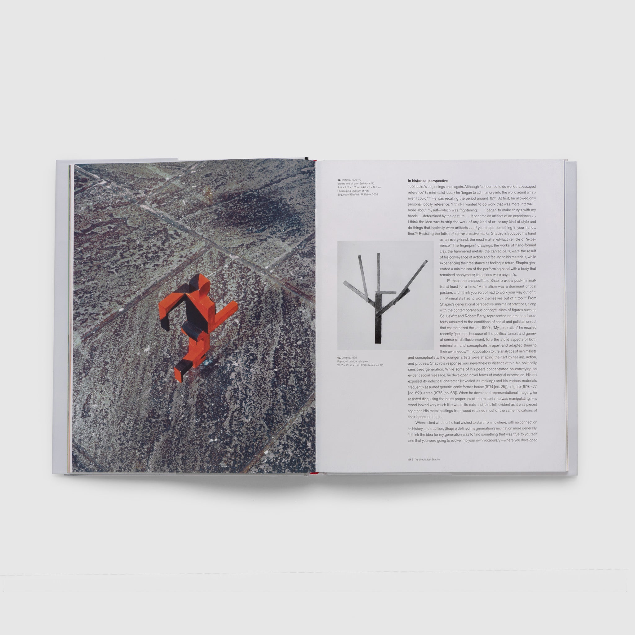 The book is open to two pages. The left has an image of a Shapiro work and the left has an essay in black text.