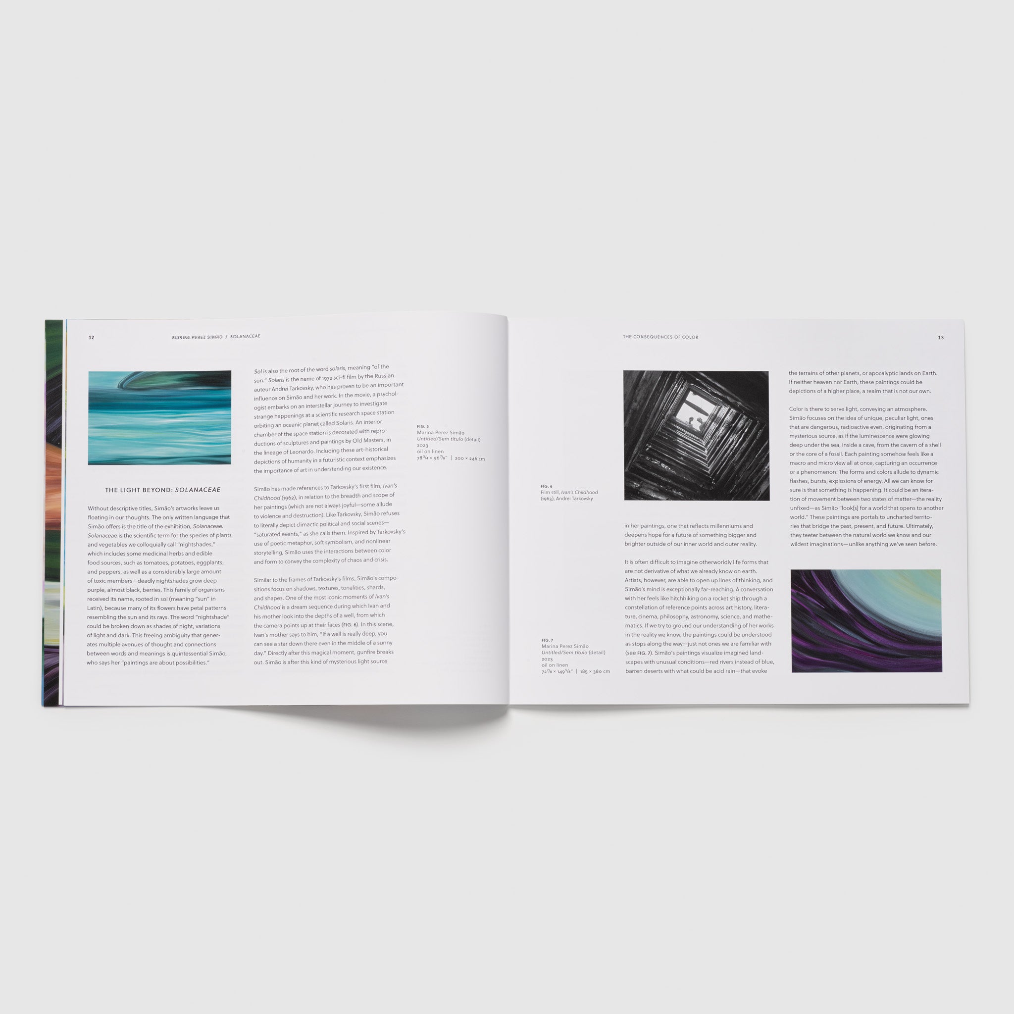 The book is open to two pages. There is an essay across both with detail shots of Perez Simao&