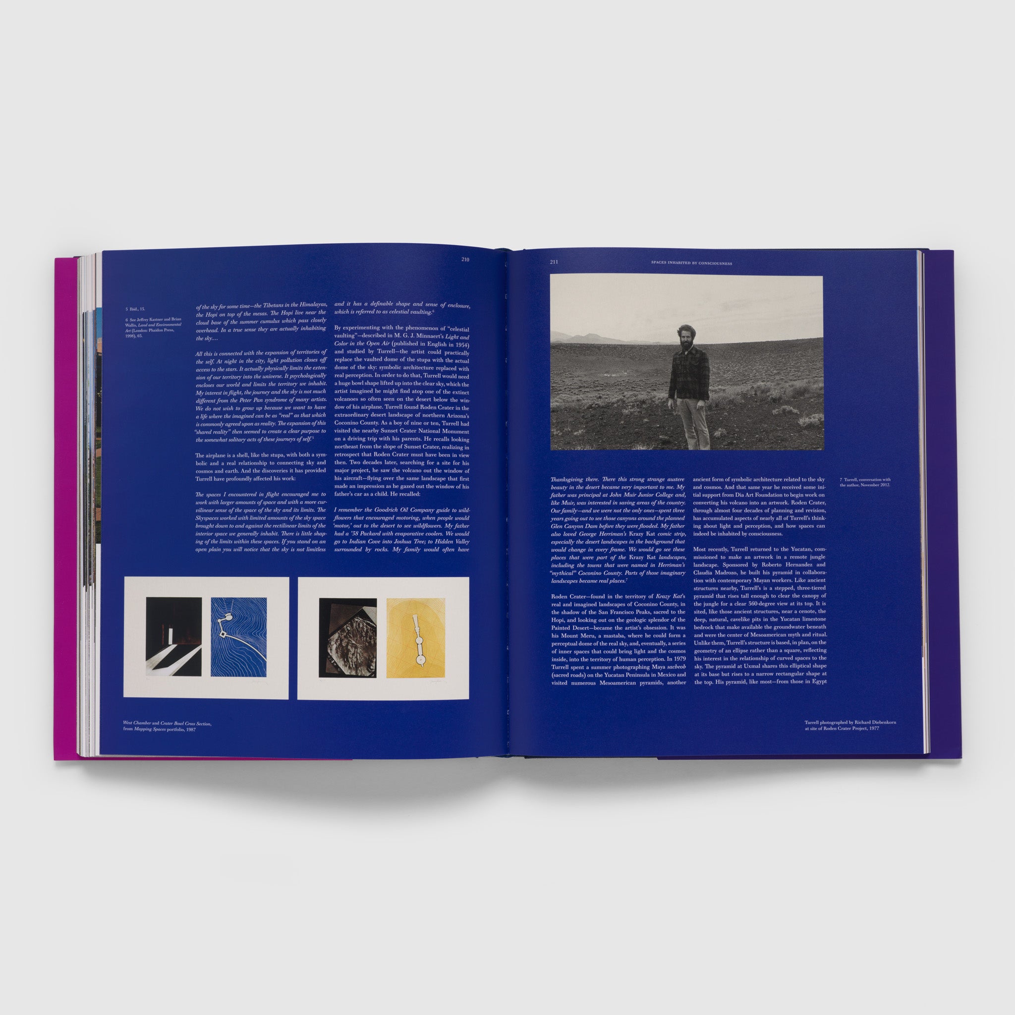 The book is open to two pages with a blue background. there is an essay across both pages and a portrait of the artist.