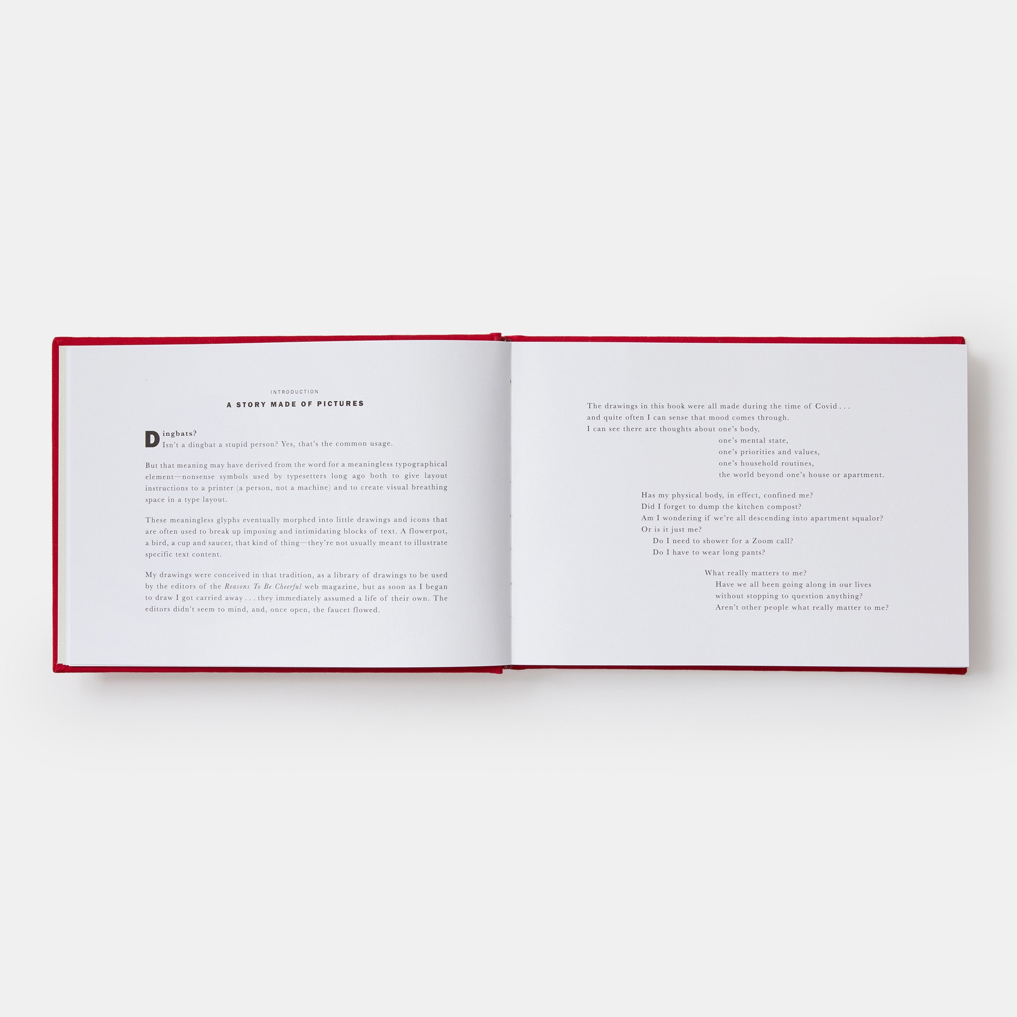 The book is open to two pages with the introduction written in black font on both.