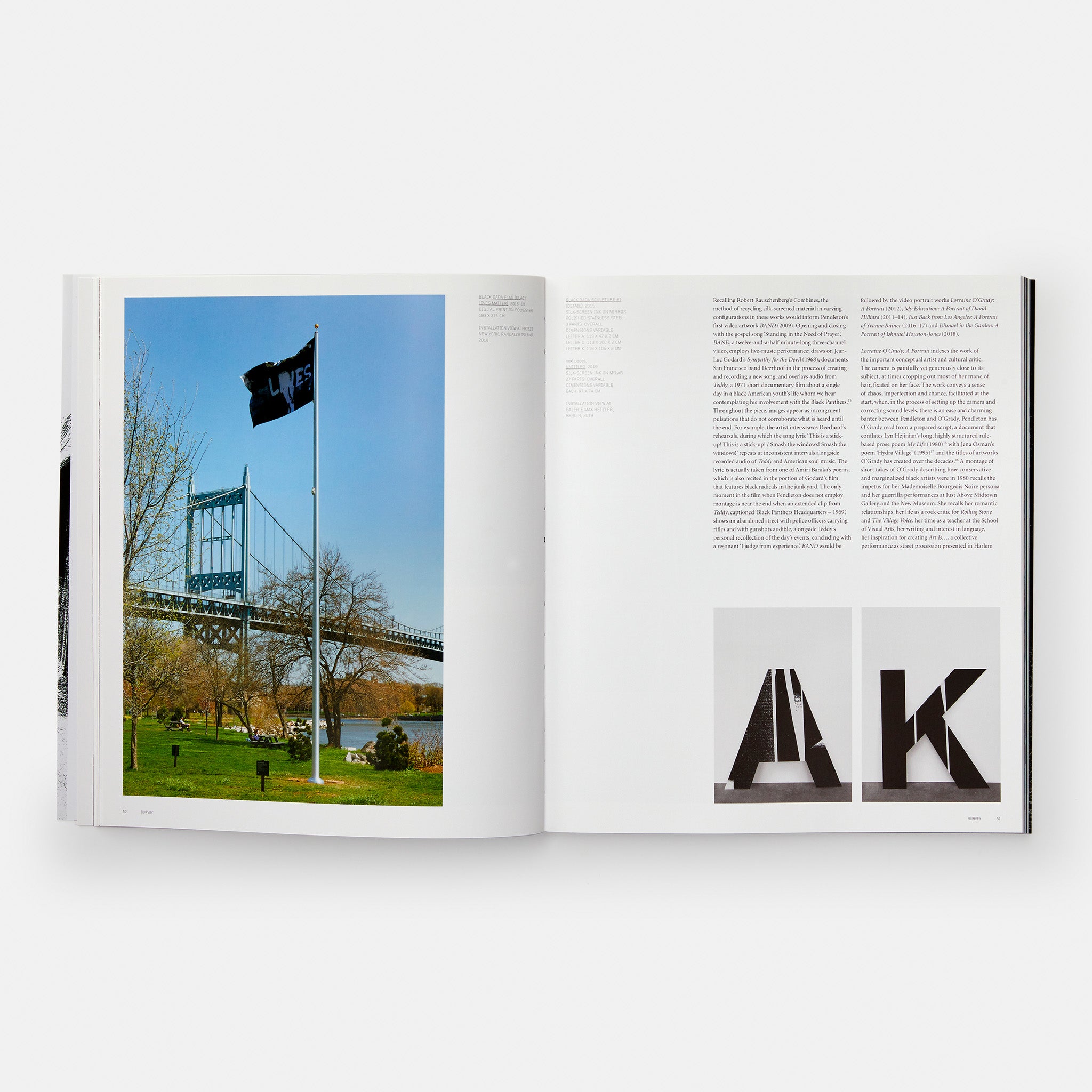 The book is open to two pages, one has a photograph of the artist work in front of a bridge and the other has text by the author.