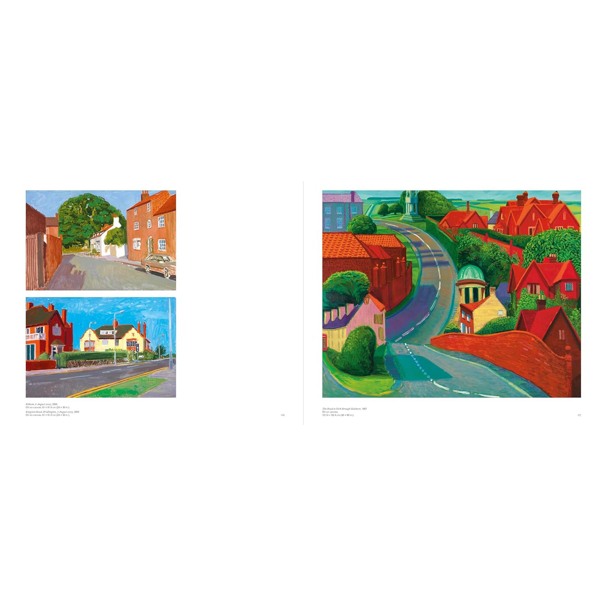 Interior of a book with two David Hockney works featured on the pages.