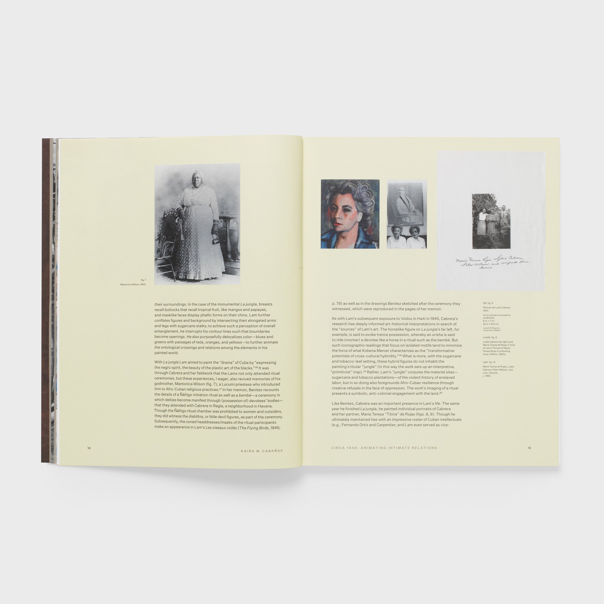 The book is open to two pages. There are black and white images across the top of the page with an essay in black font across the bottom.