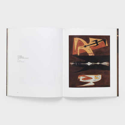 The book is open to two pages. There is a Lam work on the right page with a description of the work on the left. The background is white.