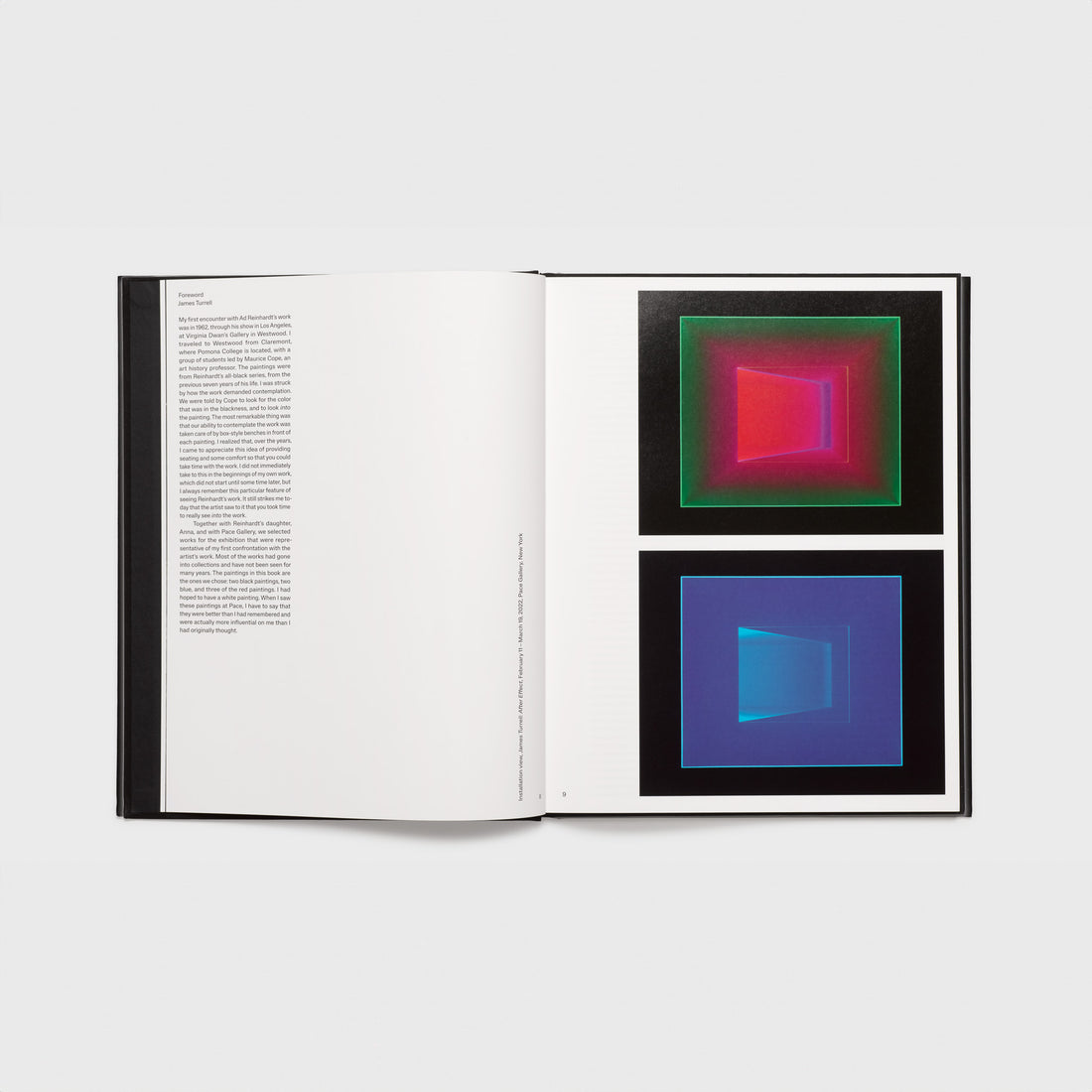 The book is opened to two pages, the left has text describing the two Turrell works on the right page.