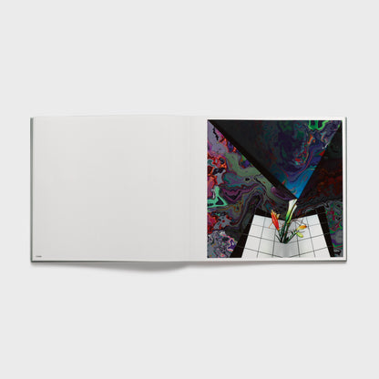 The book is open to two pages with a Samaras work on the right page. The left page is blank.