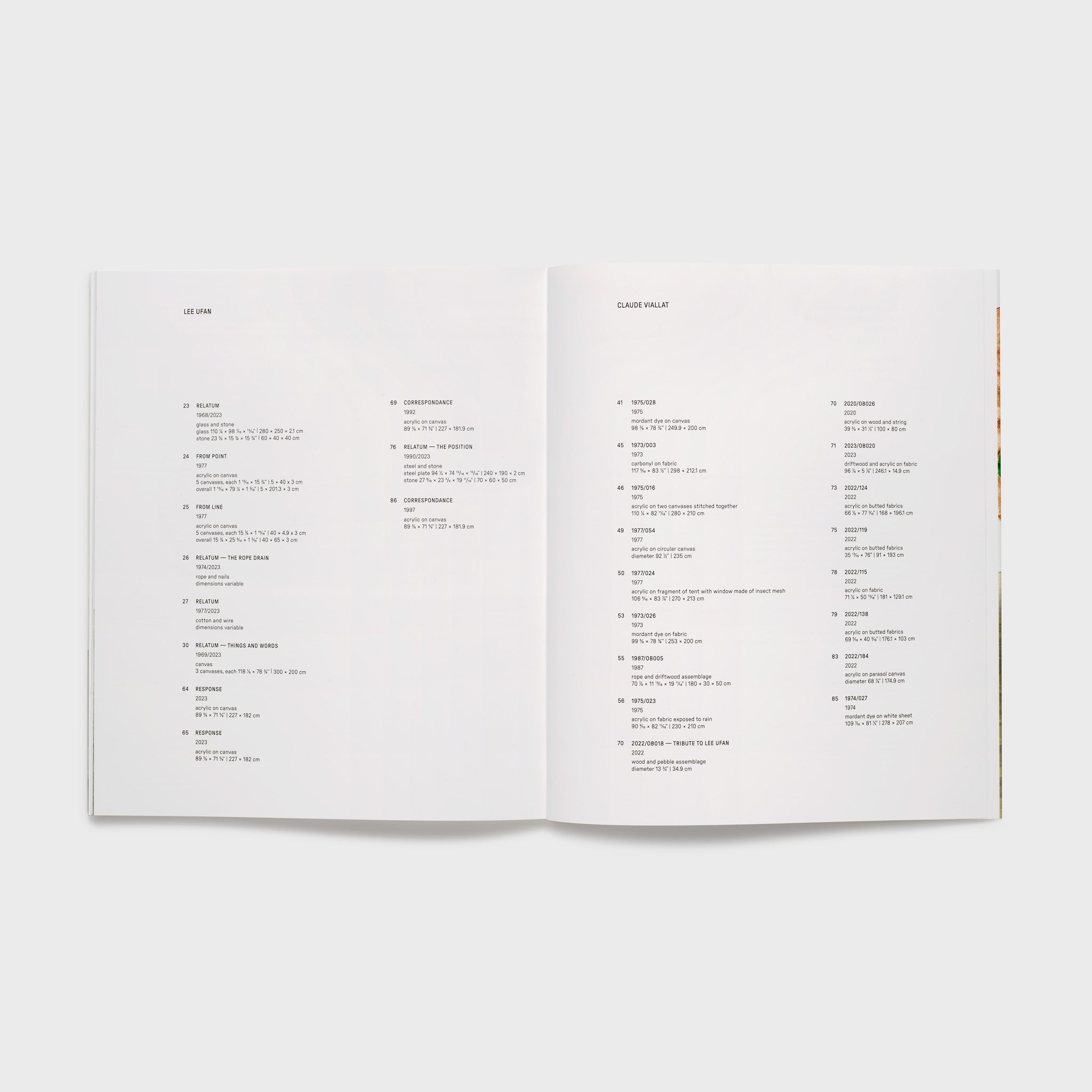 The book is open to two pages. The left page has a list of all of the Lee Ufan works in the show and the right page has the Claude Viallat works that are included.