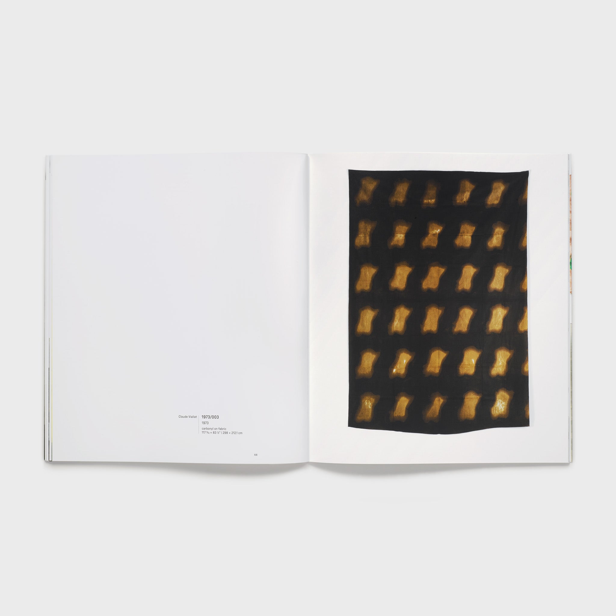 The book is open to two pages with a black and yellow Claude Viallat work on the right page and details of the work listed on the bottom of the left page.