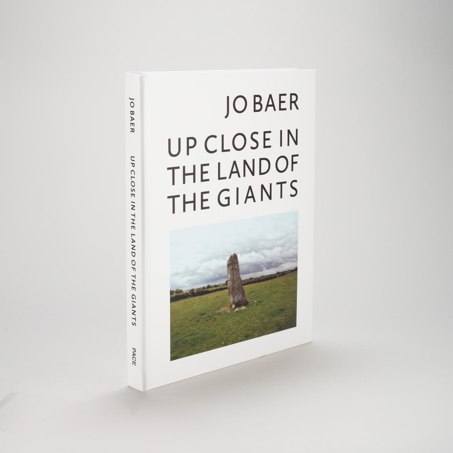 Jo Baer Up Close in the Land of Giants. The book has a white cover, black text, and an image of the artists work in a field.