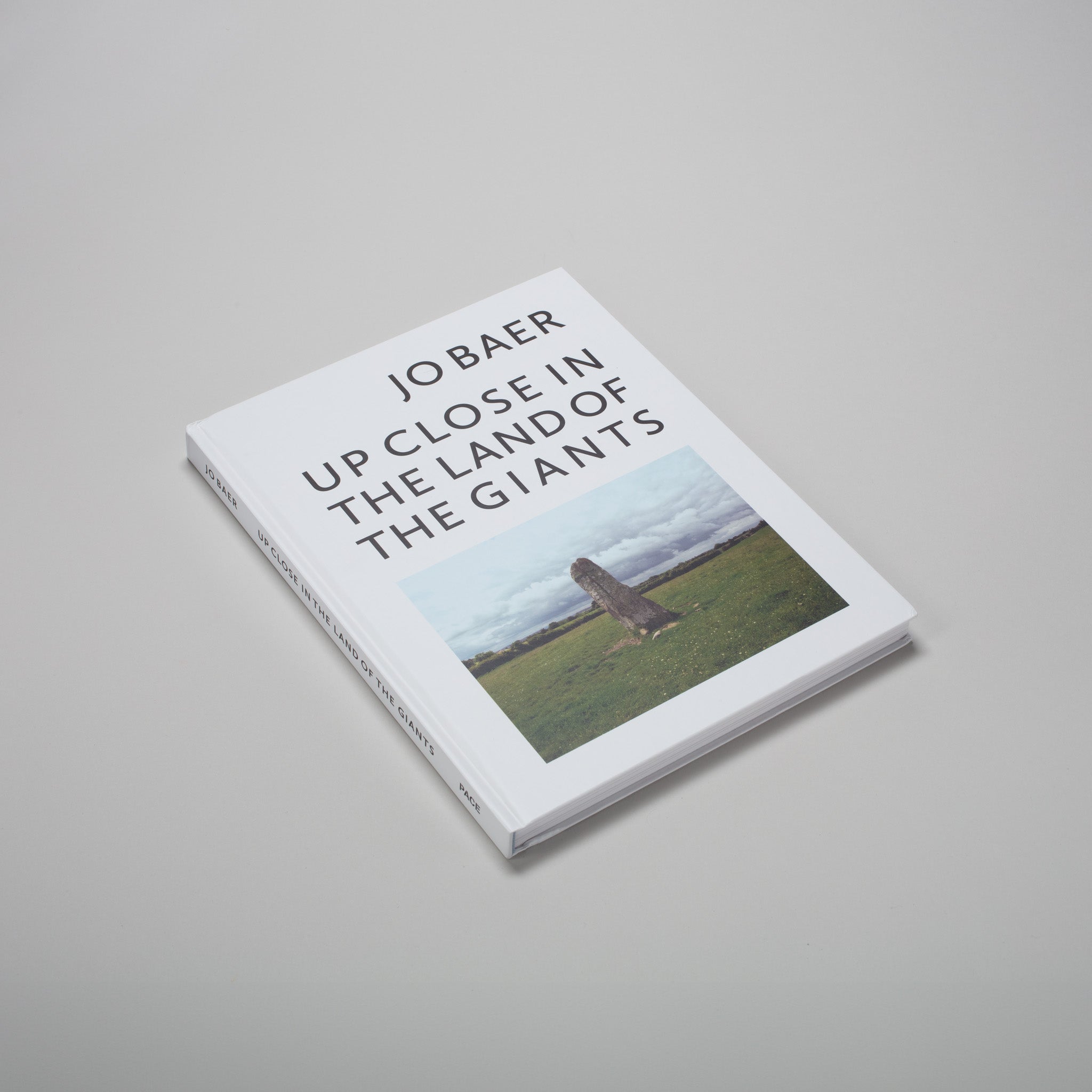 Jo Baer Up Close in the Land of Giants. The book has a white cover, black text, and an image of the artists work in a field.