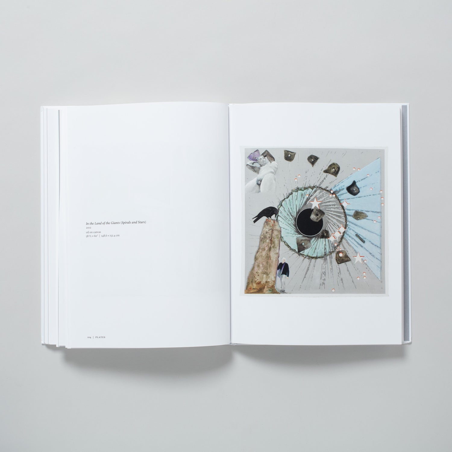 The book is open to two pages. The right has a work by the artist and the left has a description of the work.