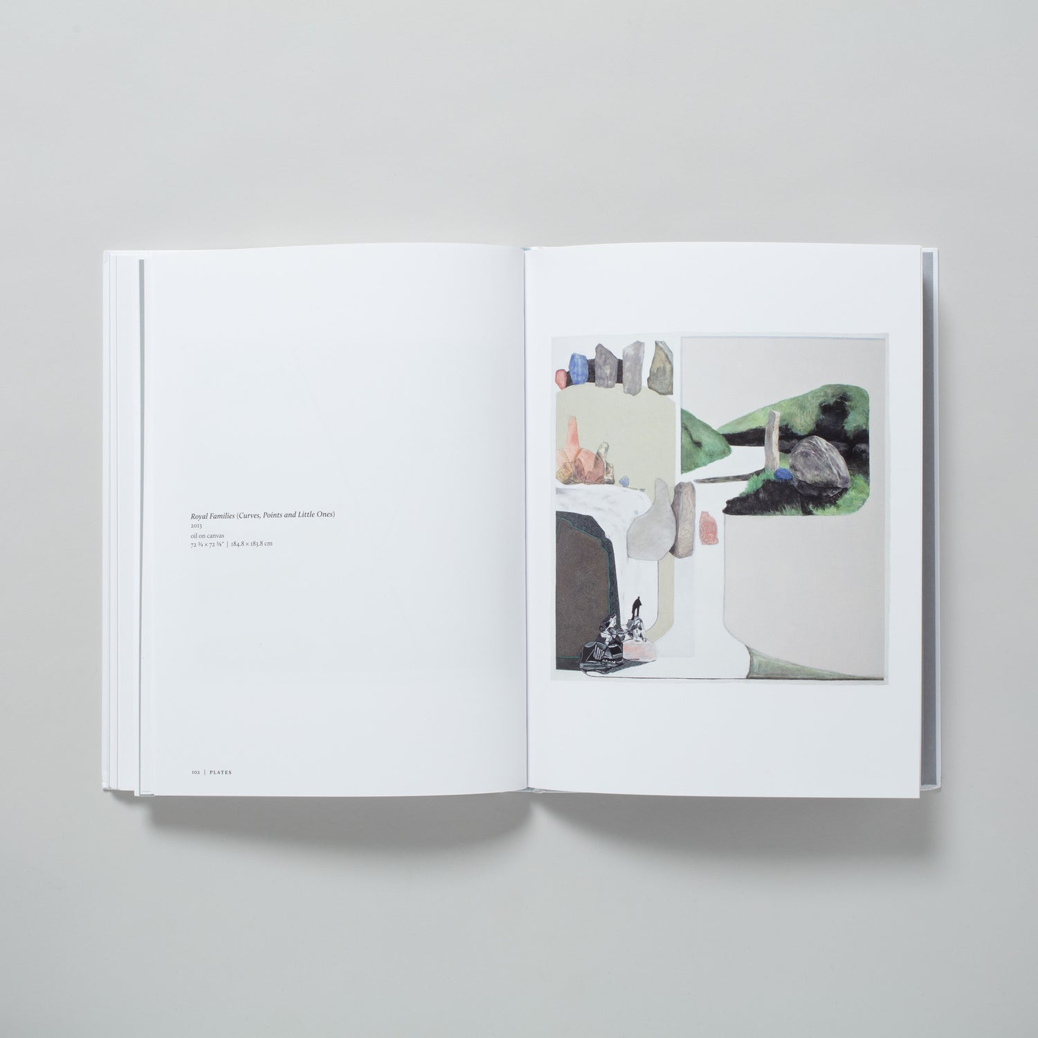 The book is open to two pages. The right has a work by the artist and the left has a description of the work.