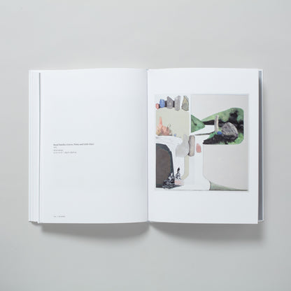 The book is open to two pages. The right has a work by the artist and the left has a description of the work.