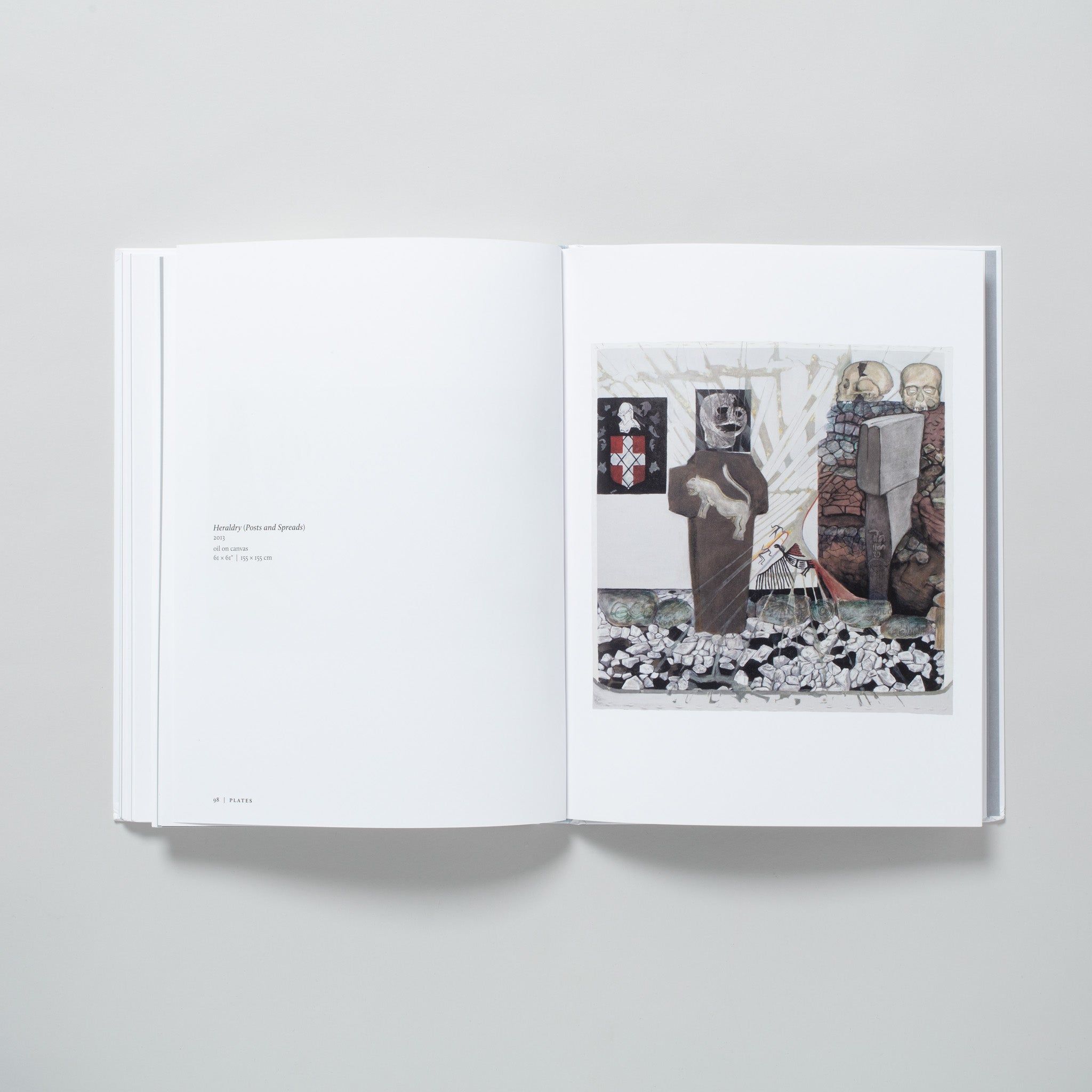 The book is open to two pages. The right has a work by the artist and the left has a description of the work.