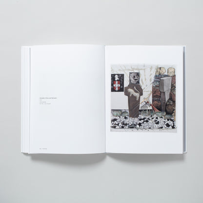 The book is open to two pages. The right has a work by the artist and the left has a description of the work.