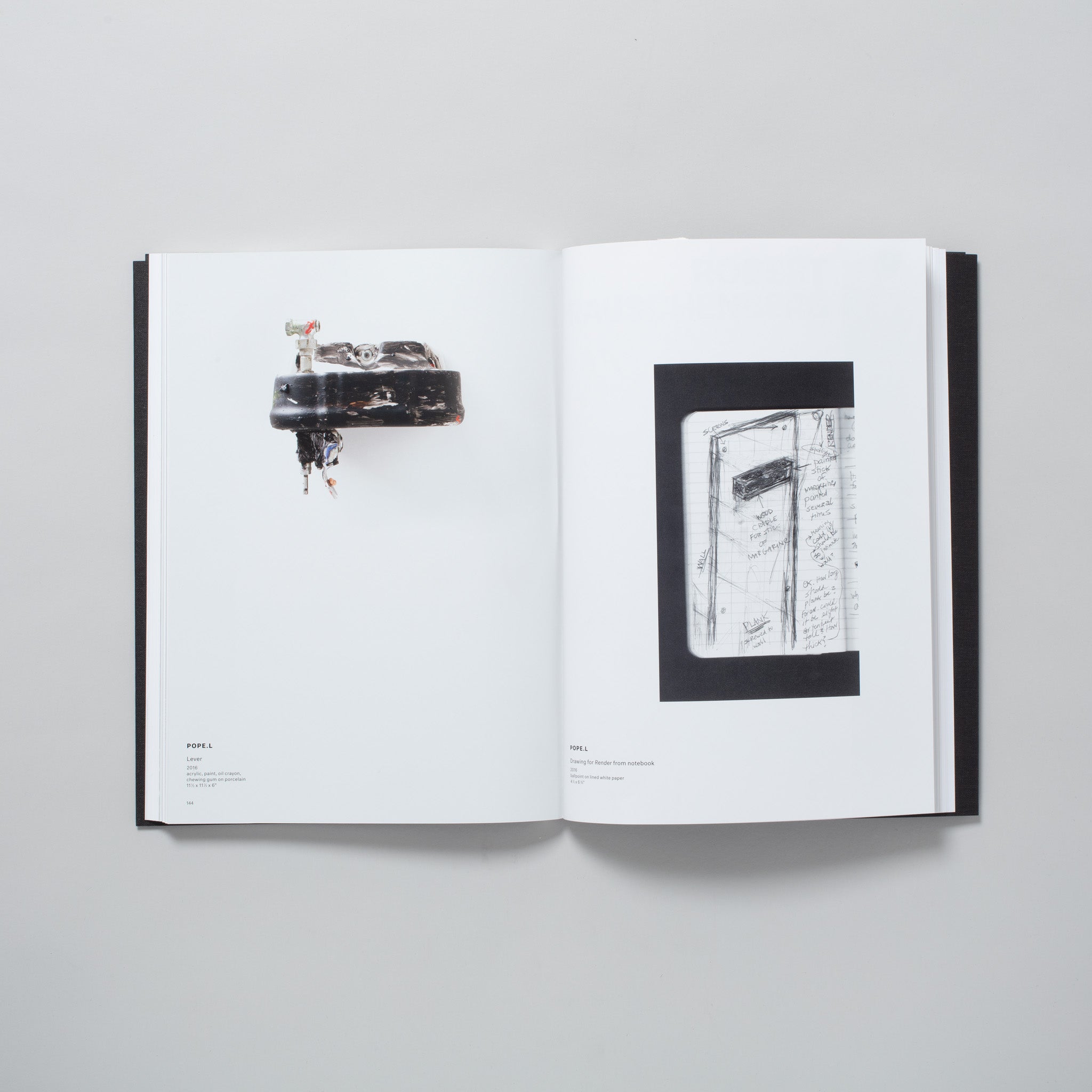 The book is open to two pages. Each page has an image of an artwork by the artist Pope.L.