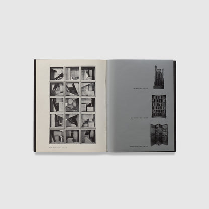 The book is open to two pages. Both pages have black and white photographs of Nevelson works.