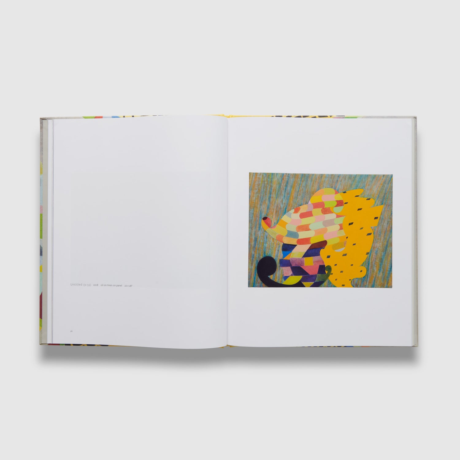 The book is open to two pages. The right page has an image of a painting by the artist and the left page has details of the work.