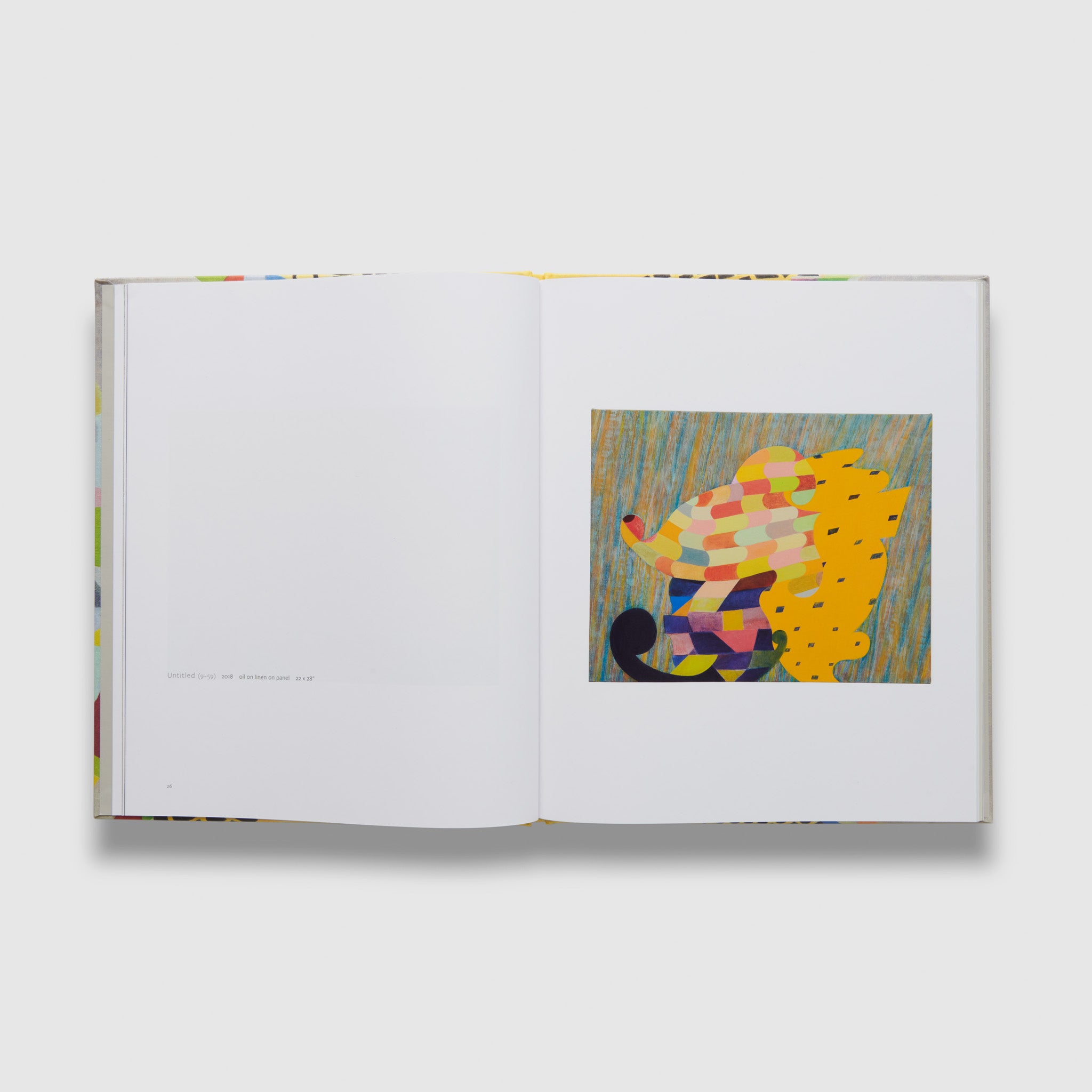 The book is open to two pages. The right page has an image of a painting by the artist and the left page has details of the work.