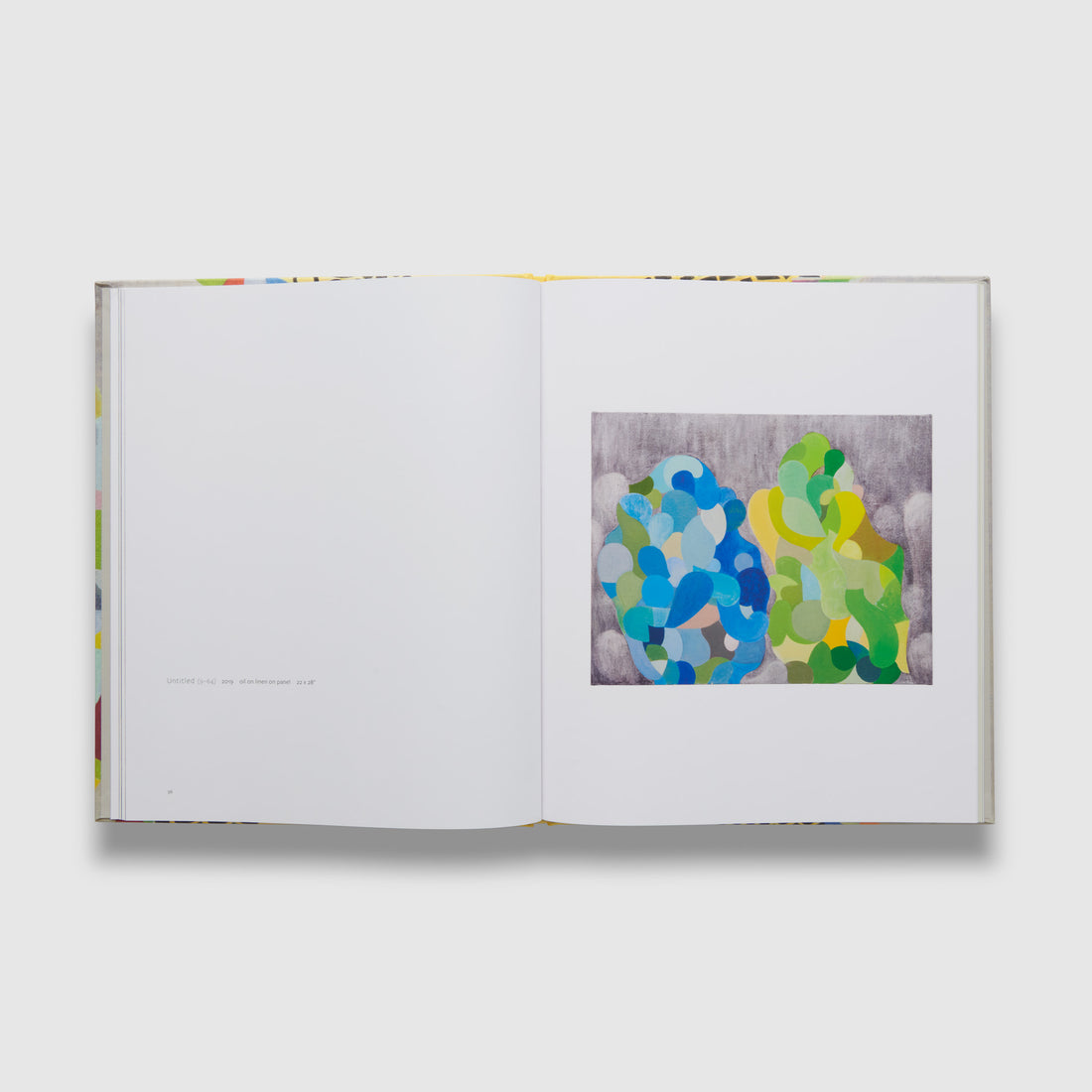 The book is open to two pages. The right page has an image of a painting by the artist and the left page has details of the work.