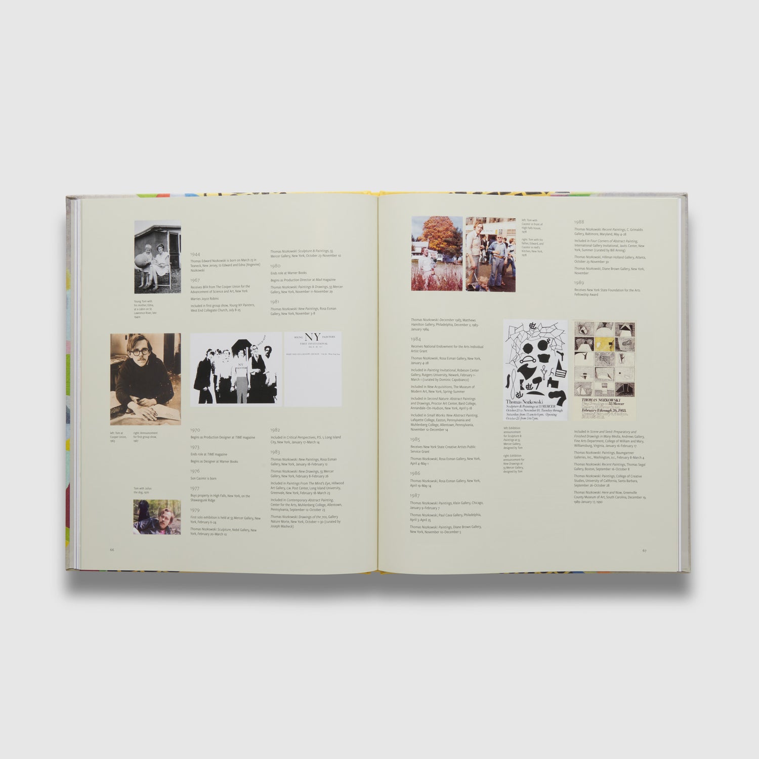 The book is open to two pages. There is a chronology of the artists life across both pages with photos of the artist and his work.