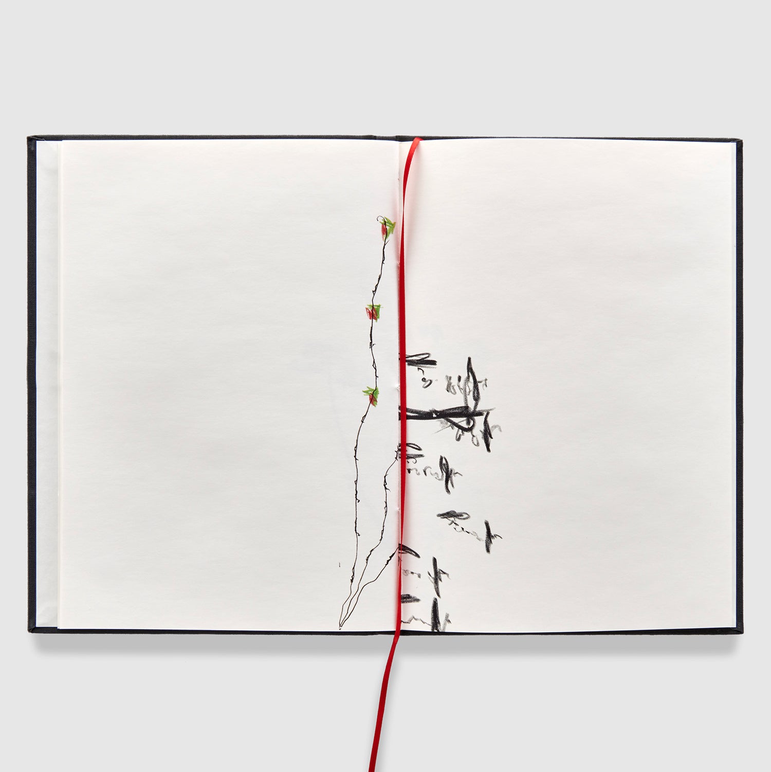 The book is open to two pages. There is a black and white drawing going up the spine with a red ribbon bookmark down the middle of the pages.